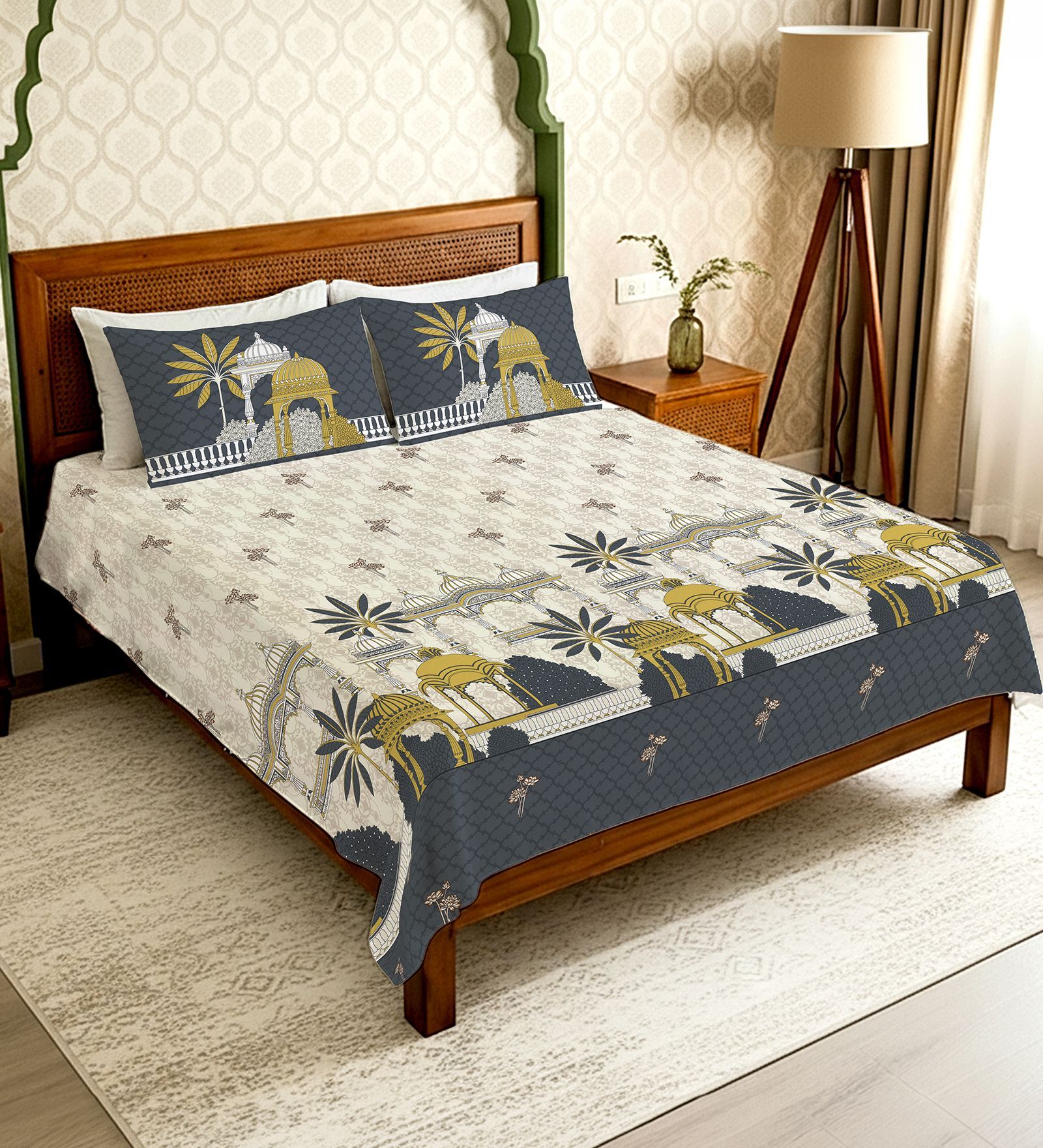 Grey Floral 300 TC Cotton King Sized Bedsheet with 2 Pillow Covers