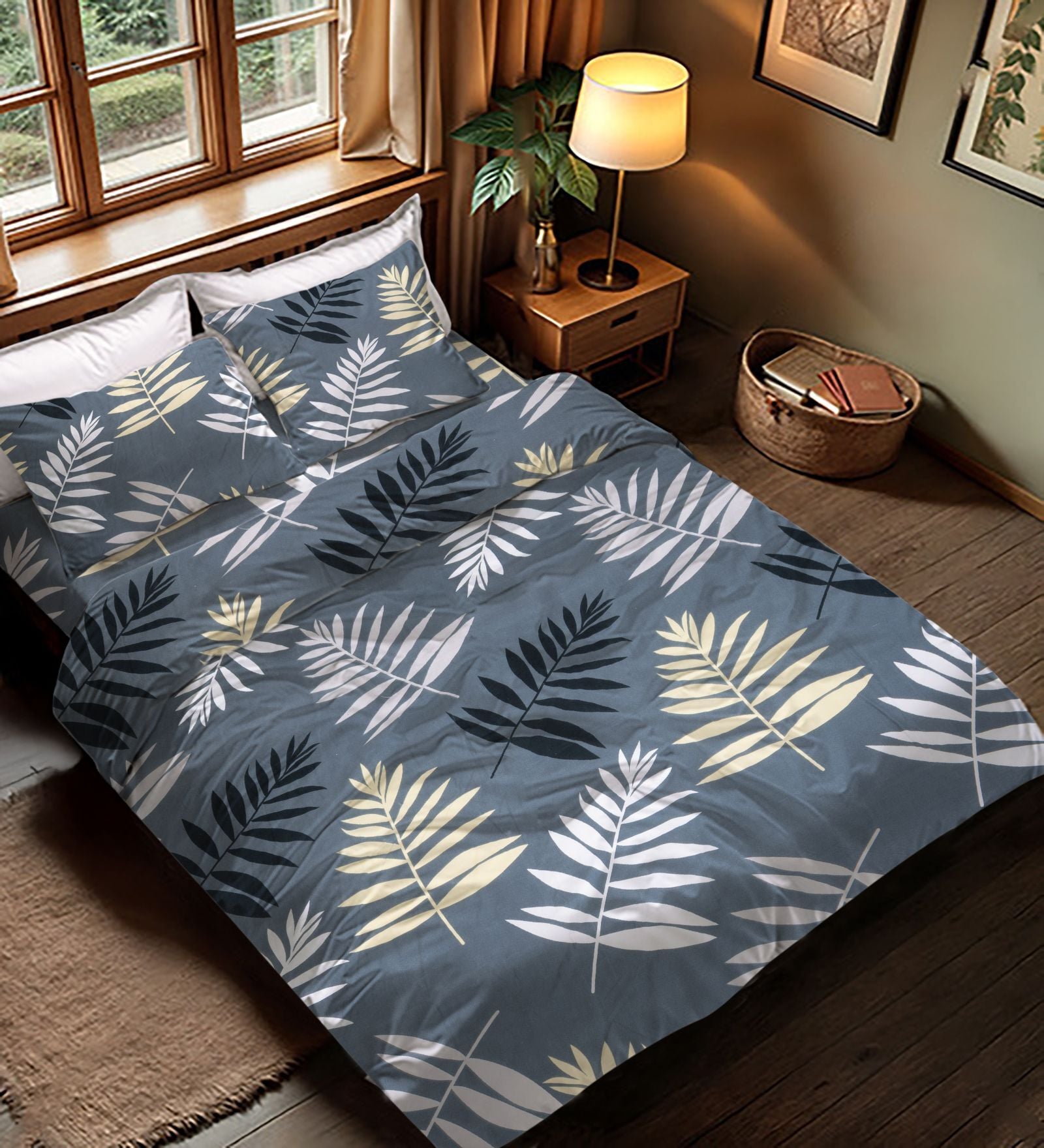 Grey Floral 300 TC Glaze Cotton 4 Pieces Bedding Set Luxury Collection