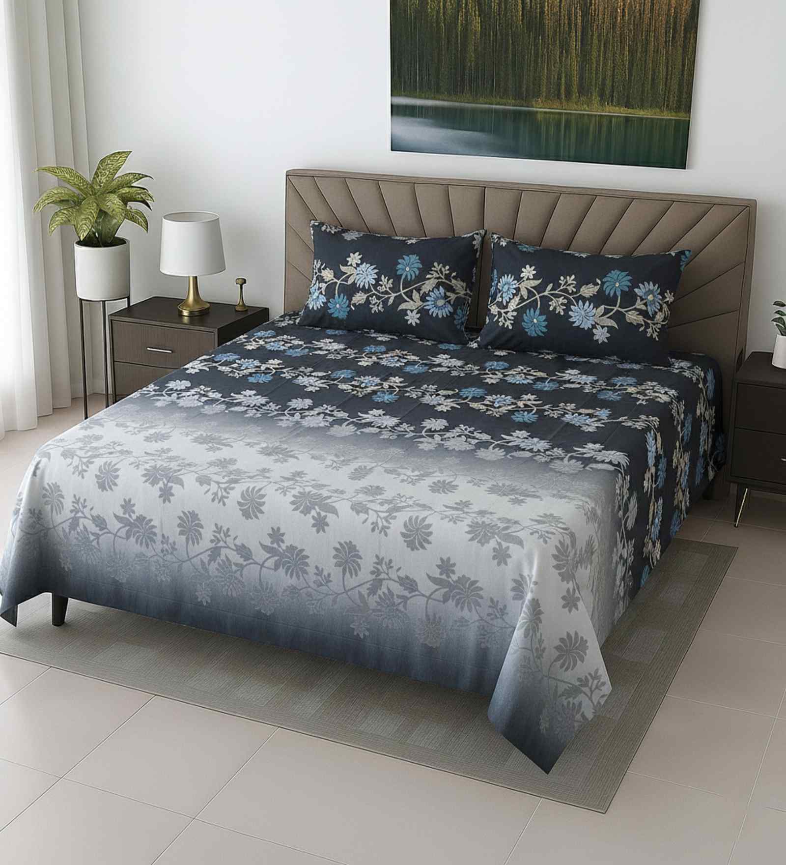 Grey Floral 400 TC Cotton Flat Super King Size Bedsheet with 2 Pilllow covers Luxury Series Collection
