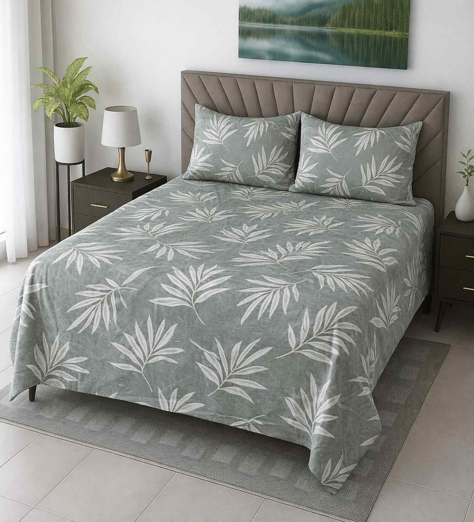 Grey Floral 400 TC Cotton Queen Flat Bedsheet with 2 Pillow Covers Essential Collection