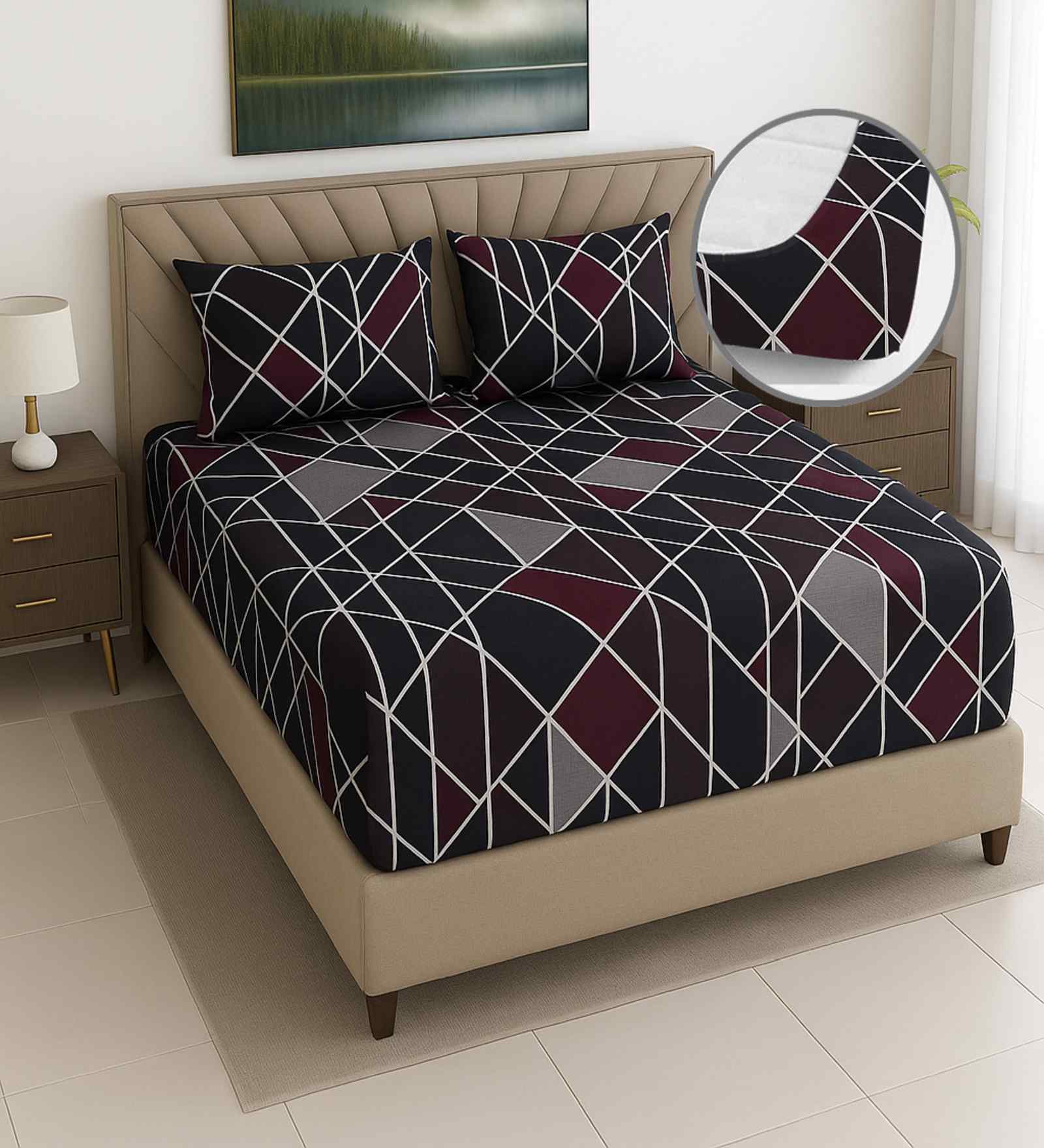 Grey Floral 400 TC Cotton Queen Size Bedsheet with 2 Pillow covers Essential Series Collection