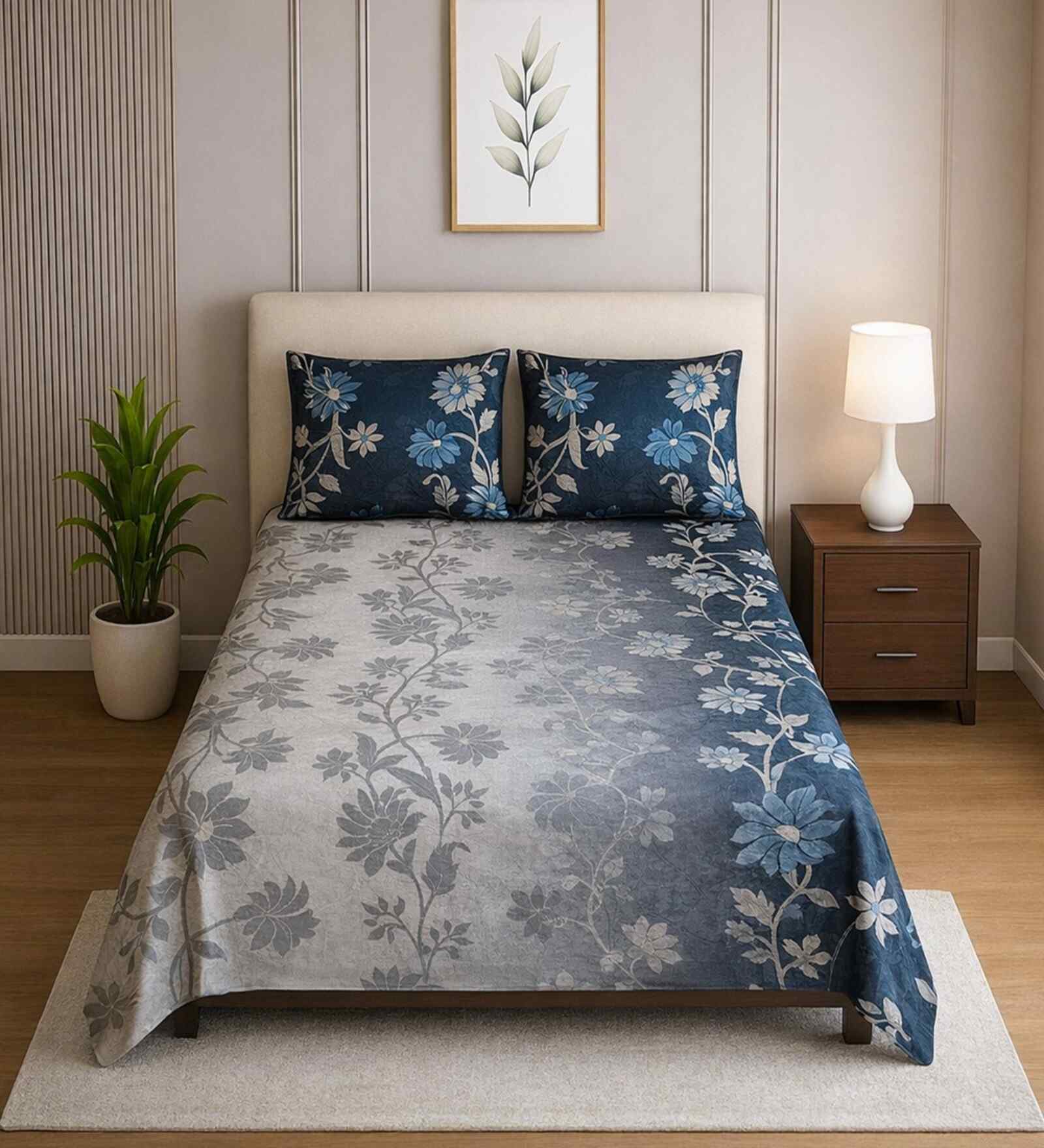 Grey Floral 400 Tc Cotton Single Bedsheet With 2 Pillow Covers