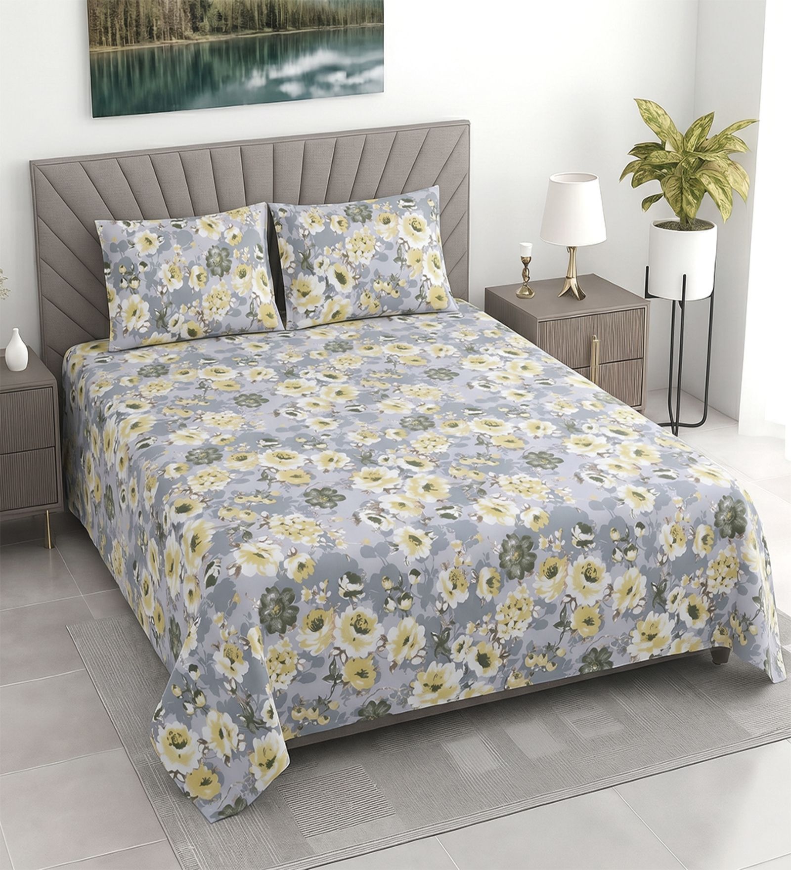 Grey Floral 400 TC Cotton Superking Size Bedsheet With 2 Pillow Covers Threads Nature Collection