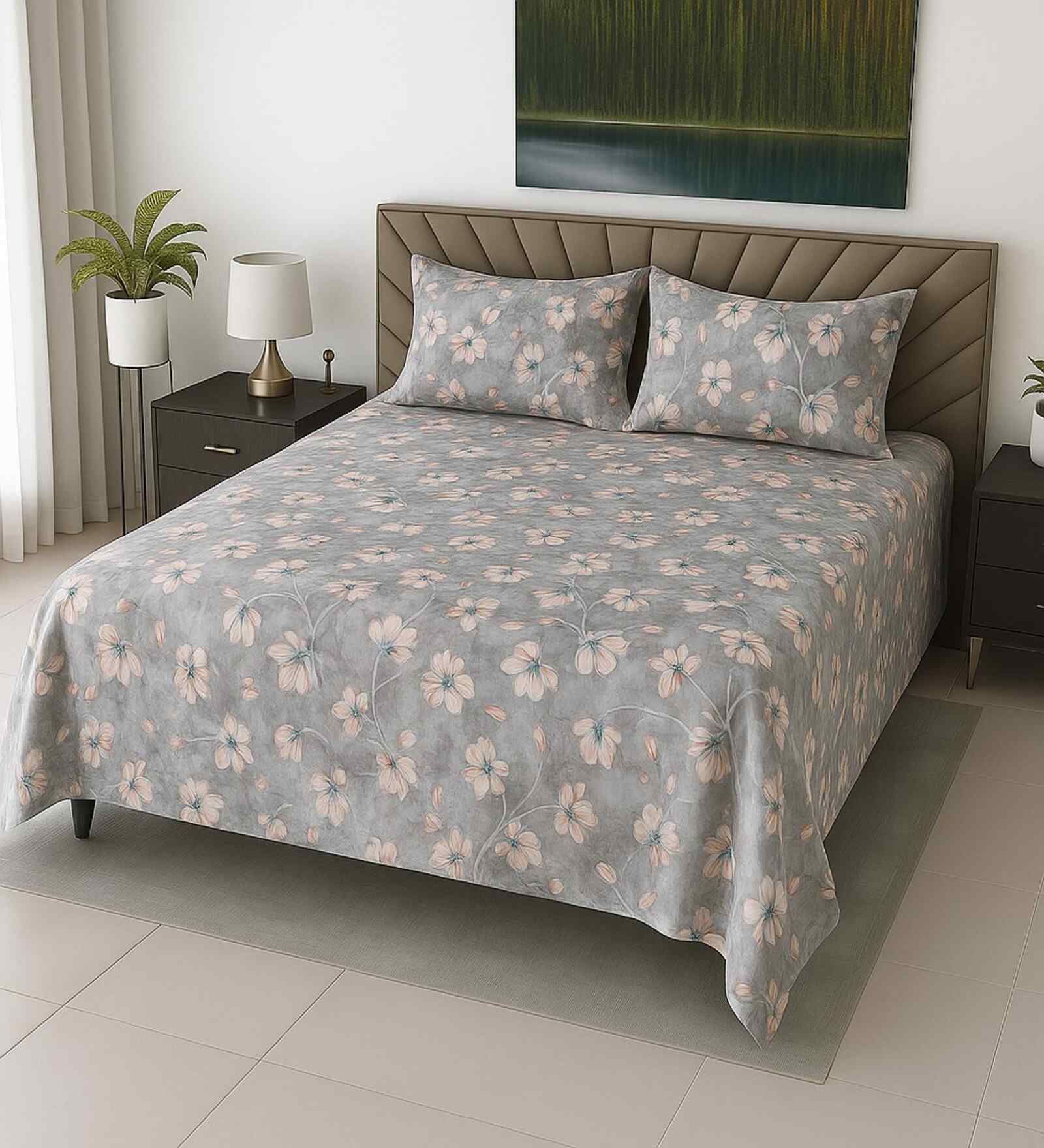 Grey Floral 400 TC Cotton SuperKing Sized Double Bedsheet with 2 Pillow Covers Luxury Series Collection