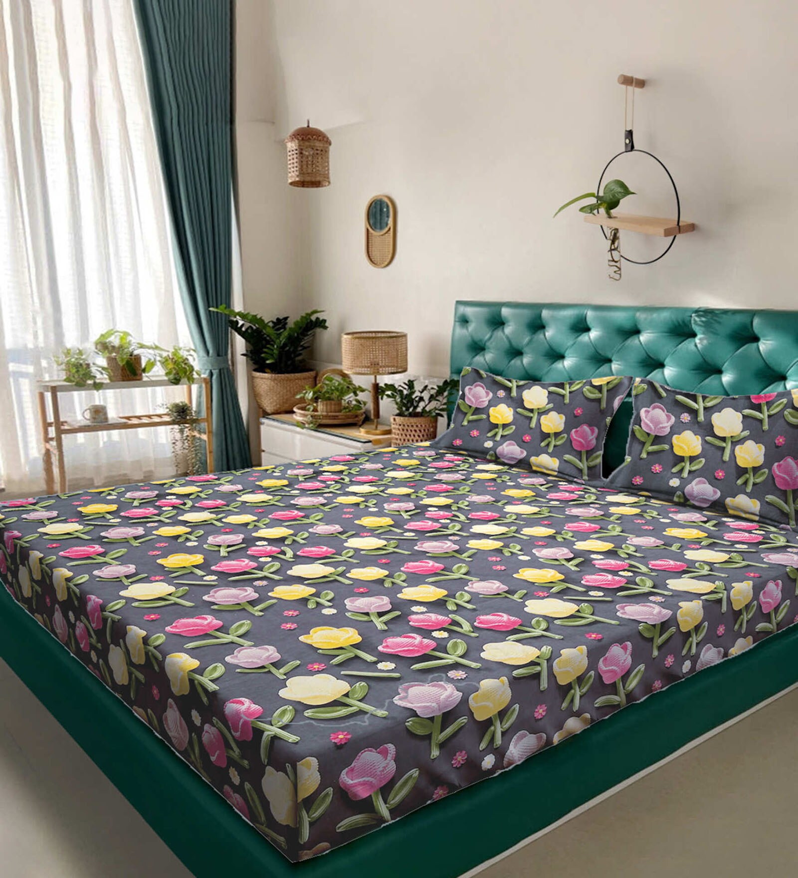 Grey Floral 7D King Size Cotton Blend Double Bedsheet with 2 Pillow Covers