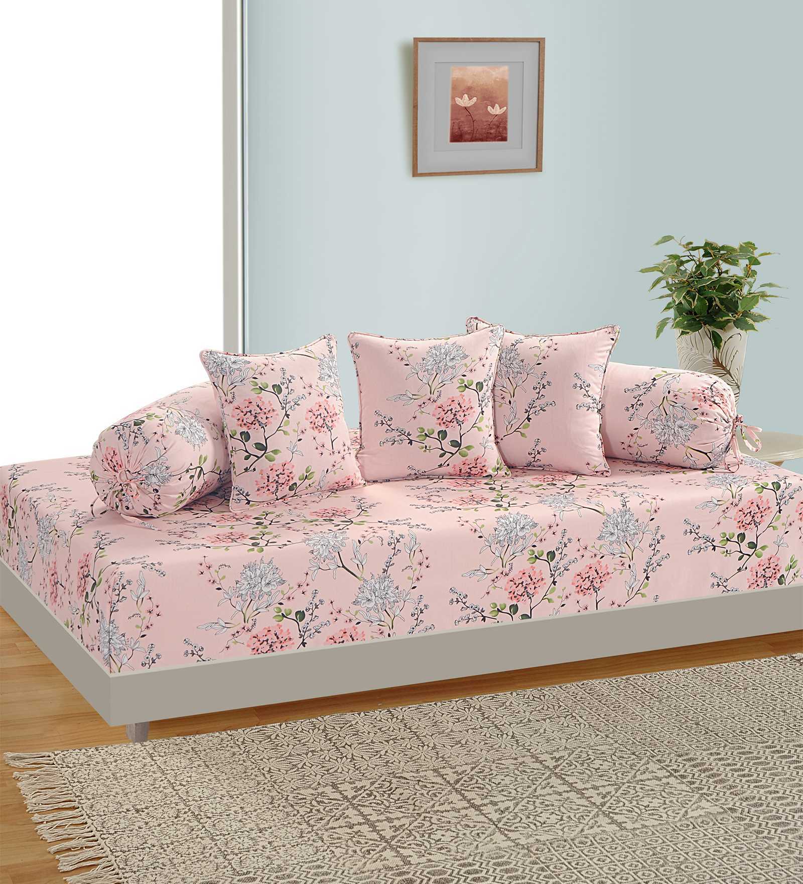 Buy Grey Floral Diwan Set with Bolster and Cushion Covers (Set of 6) by