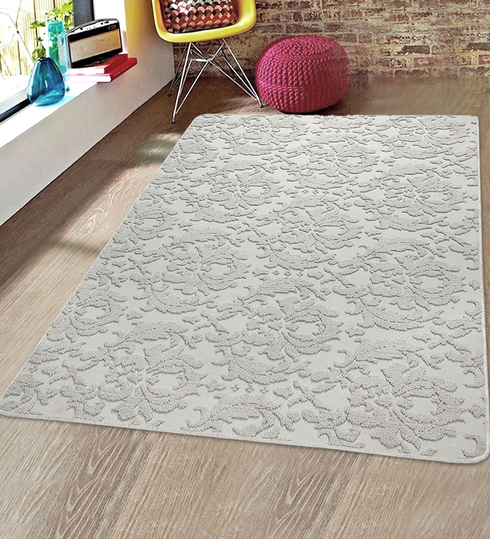 Grey Floral Microfibre 4 ft x 6 ft Hand Tufted Carpet