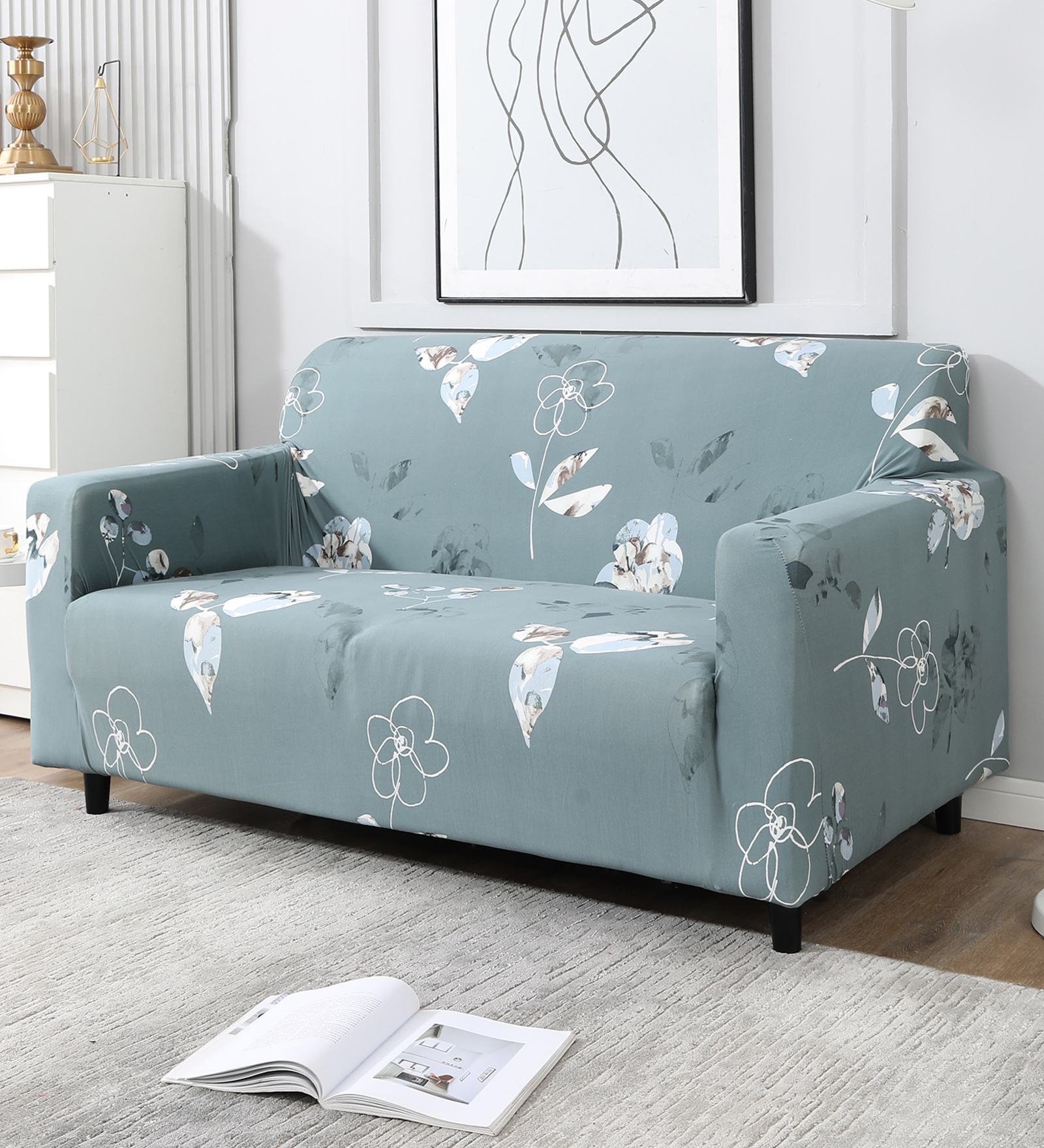 Grey Floral Polyester 2 Seater Sofa Cover