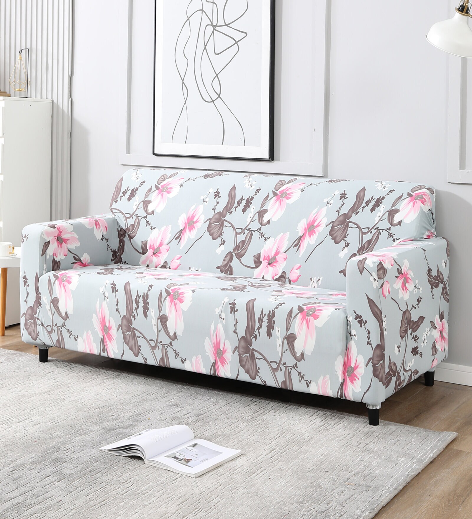 Grey Floral Polyester 3 Seater Sofa Cover