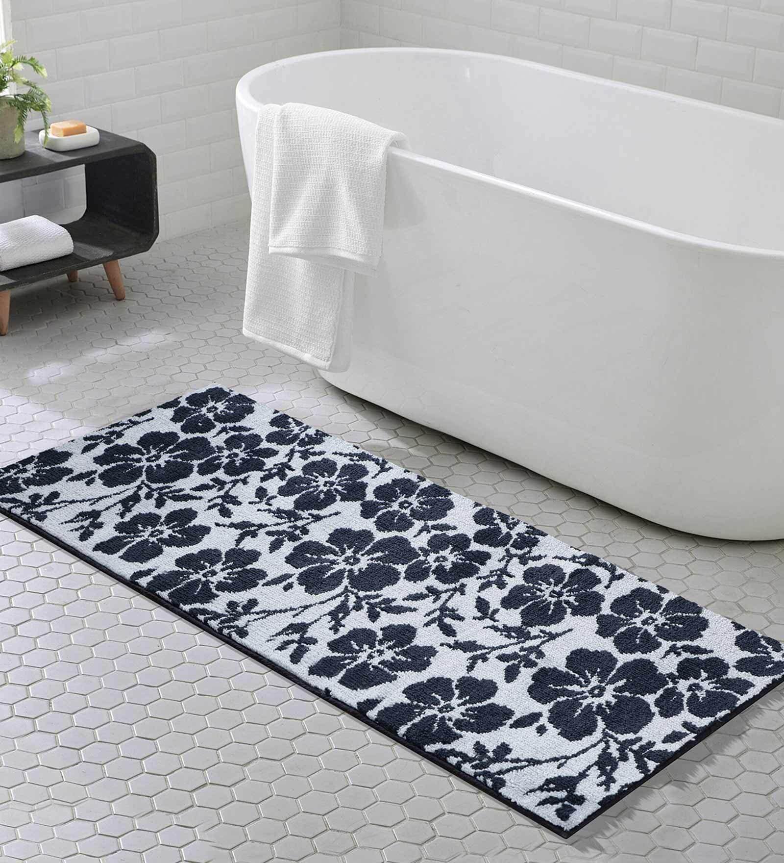Grey Floral Polyester AntiSkid Bathmat