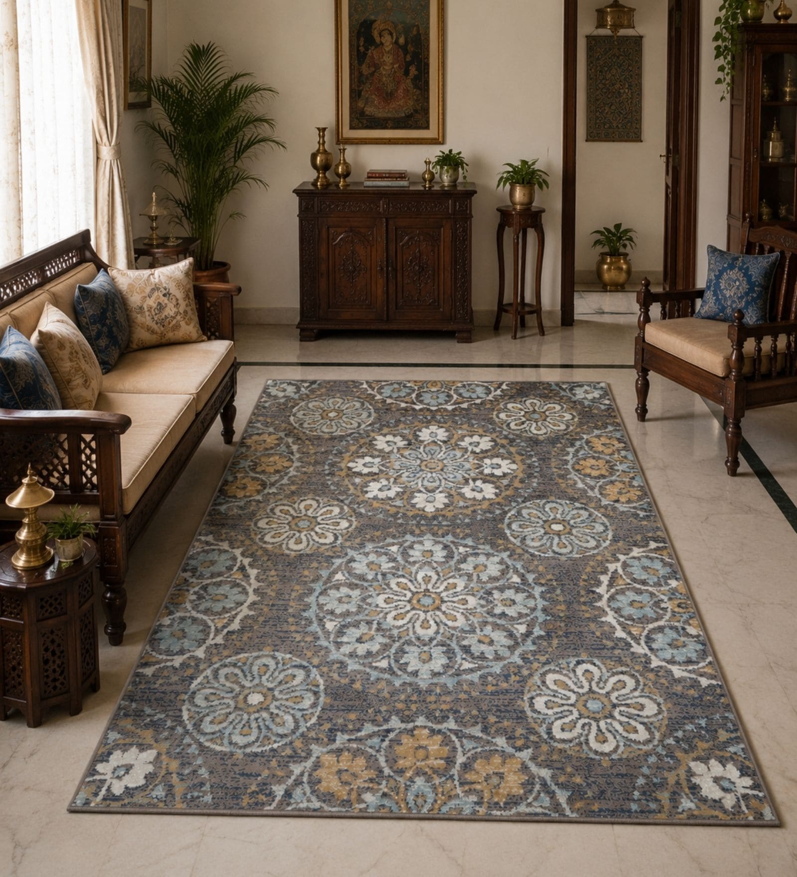 Grey Floral PP Heatset 6 x 9 Feet  Machine -Made Carpet