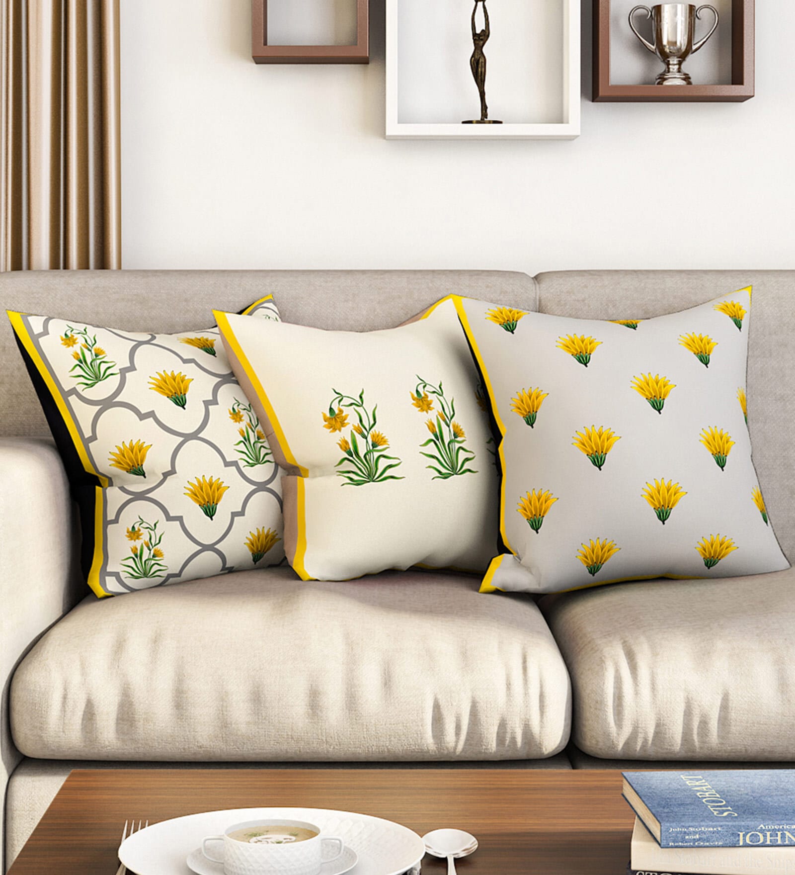 Grey & White Floral Poly Cotton 16 x 16 Inches Cushion Covers (Set of 3)