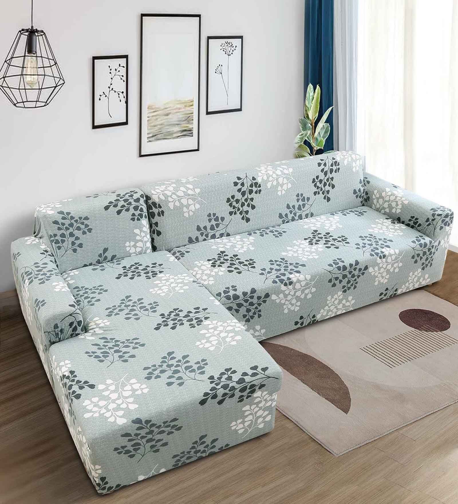 Grey Floral Viscose and Polyester (3 + Lounge) L-Shaped Stretchable Chaise Sofa Covers