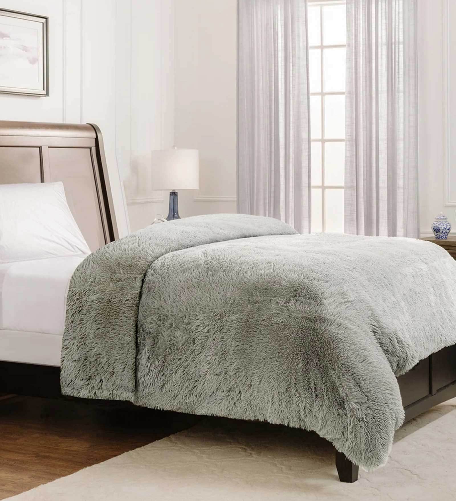 Grey Fluffy Fur Polyester Single Duvet Covers Folklore Collection
