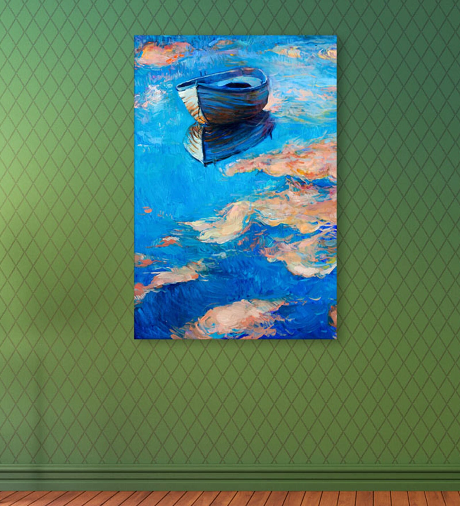 Lonely Boat In Grey Canvas Framed Art Print (33 x 21 Inches)