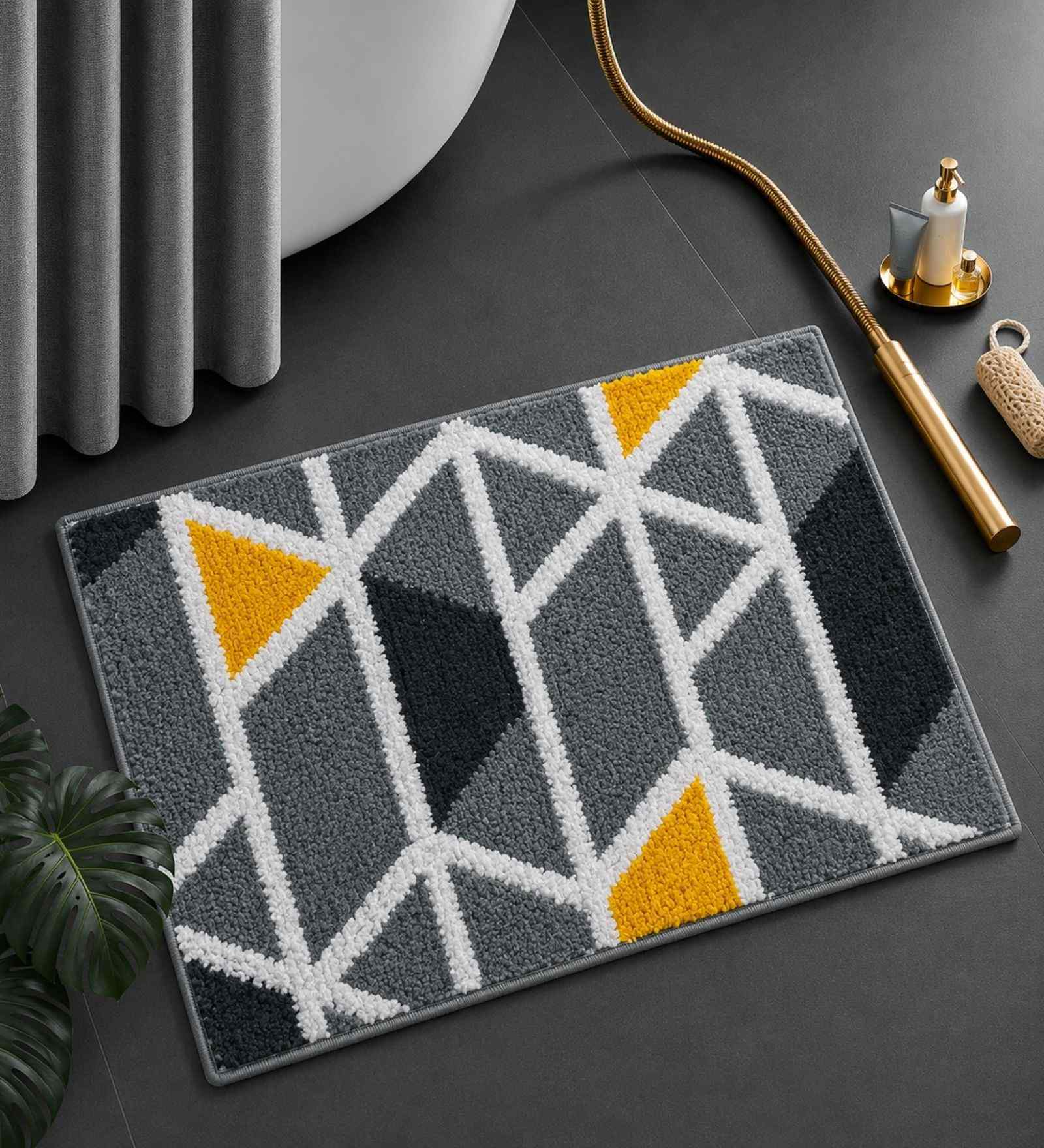Grey Geomatric Microfibre 24X16 Inches Anti-Skid Bath Mat
