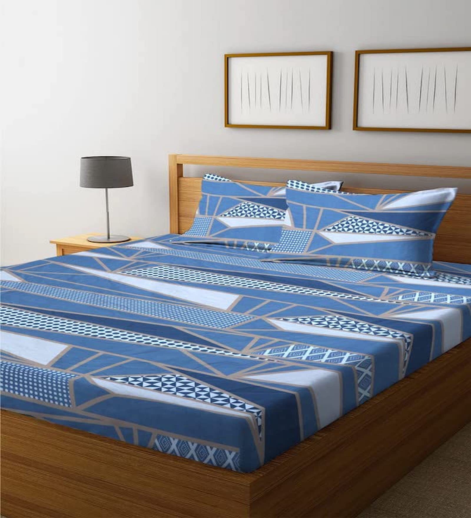 Grey Abstract 144 TC Cotton Blend Double Bedsheet With 2 Pillow Covers