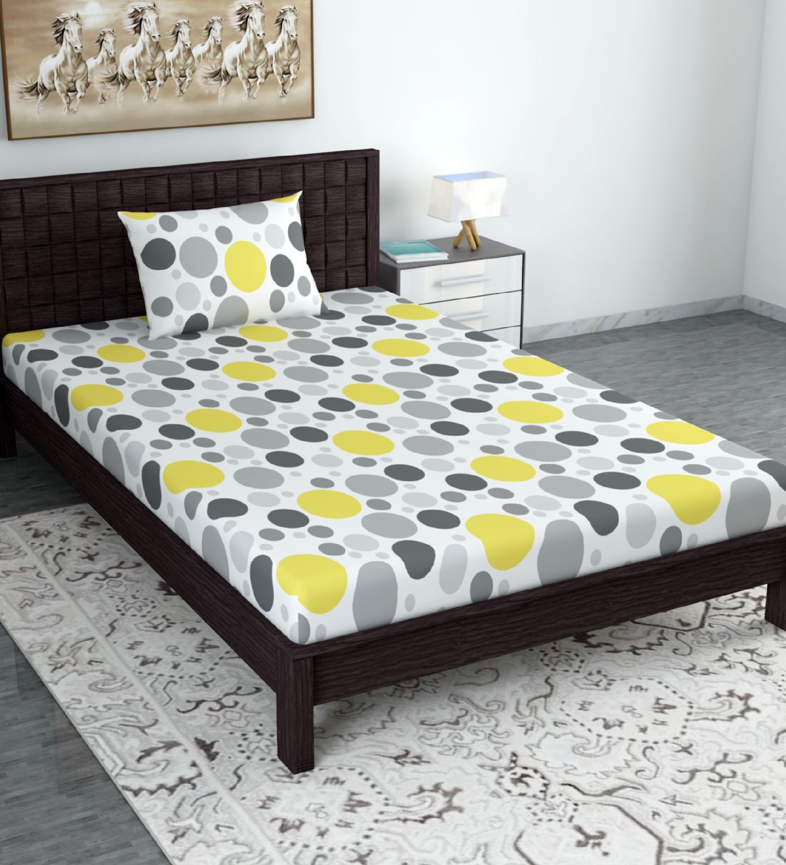 Grey Geometric 144 TC Cotton Single Bed Sized Bed Sheets With 1 Pillow Cover