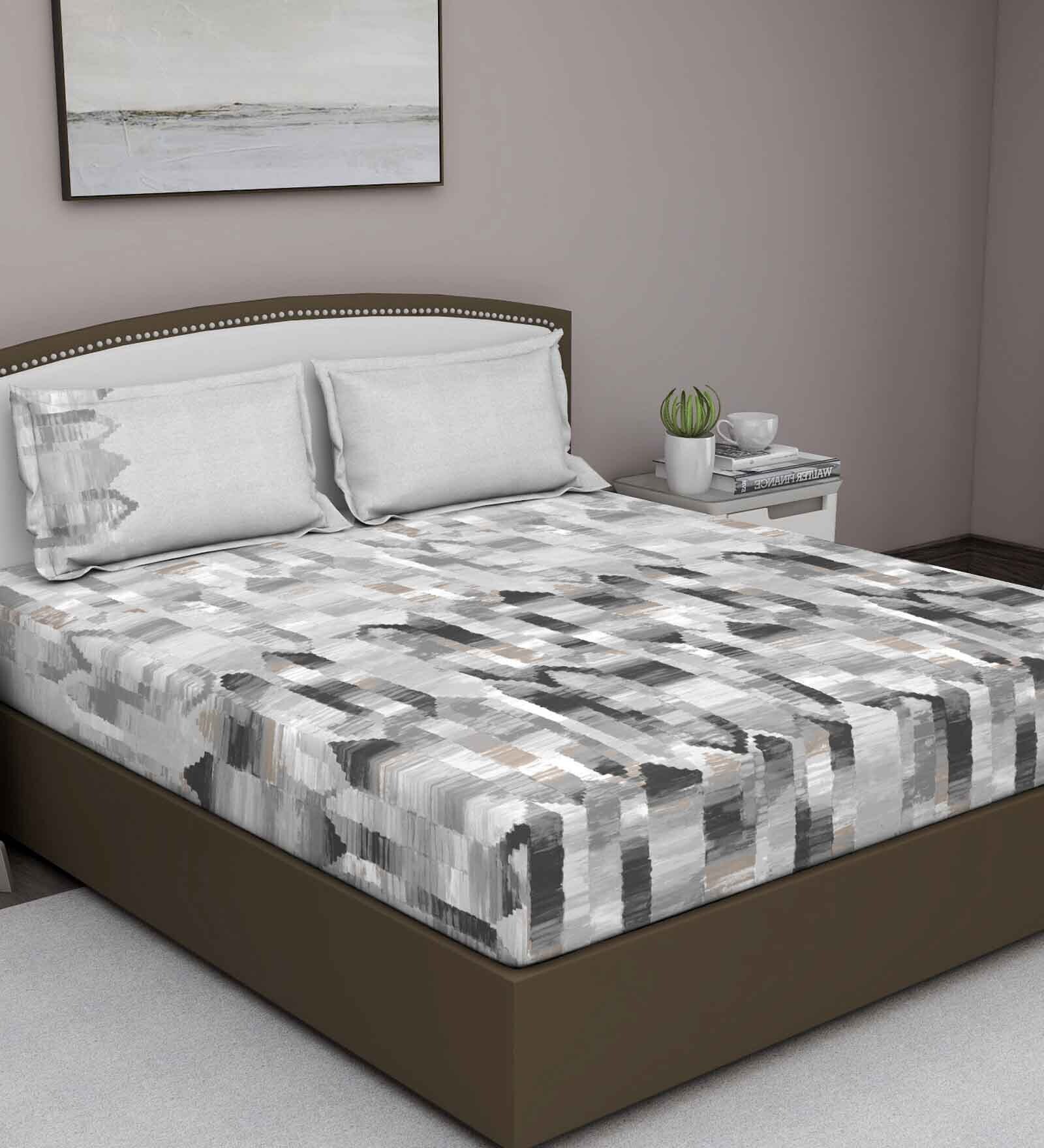 Grey Abstract 180 TC Cotton King Sized Bed Sheets with 2 Pillow Covers