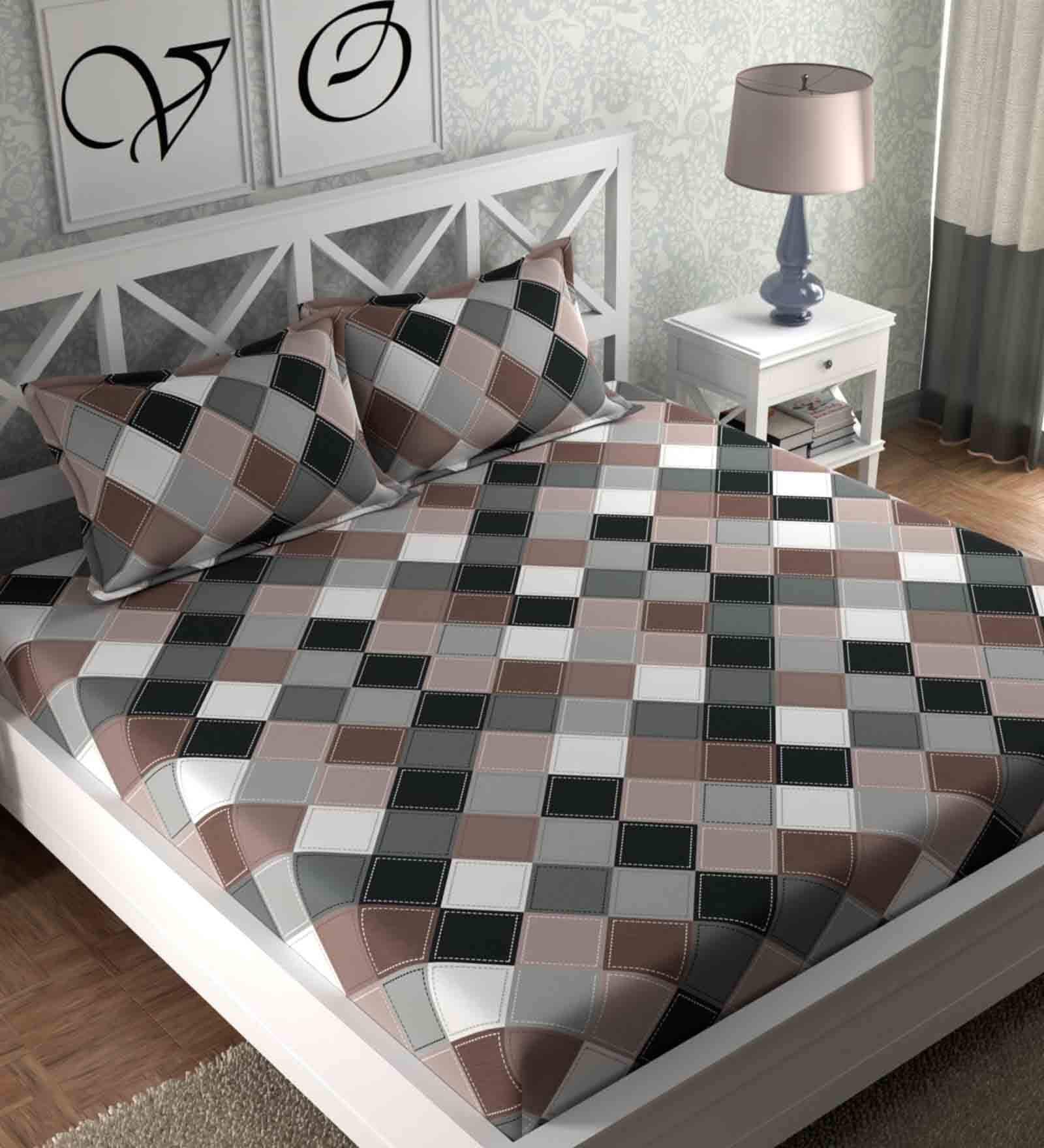 Grey Geometric 180 TC Microfiber Queen Sized Bed Sheets with 2 Pillow Covers