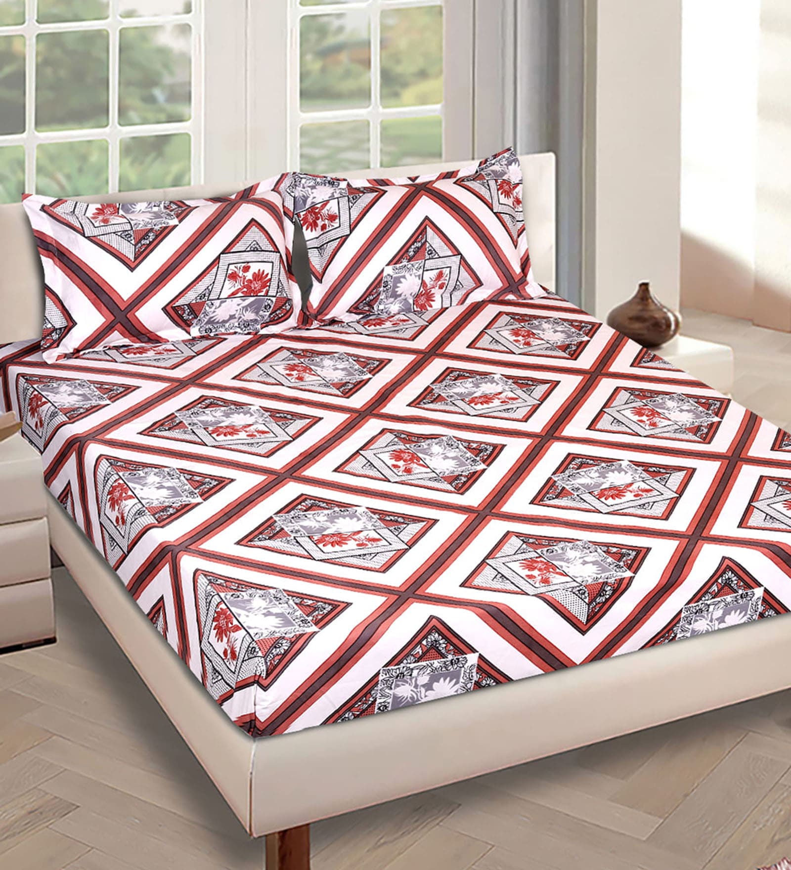 Grey Geometric 186 TC Glace Cotton King Sized Double Bedsheet with 2 Pillow Covers