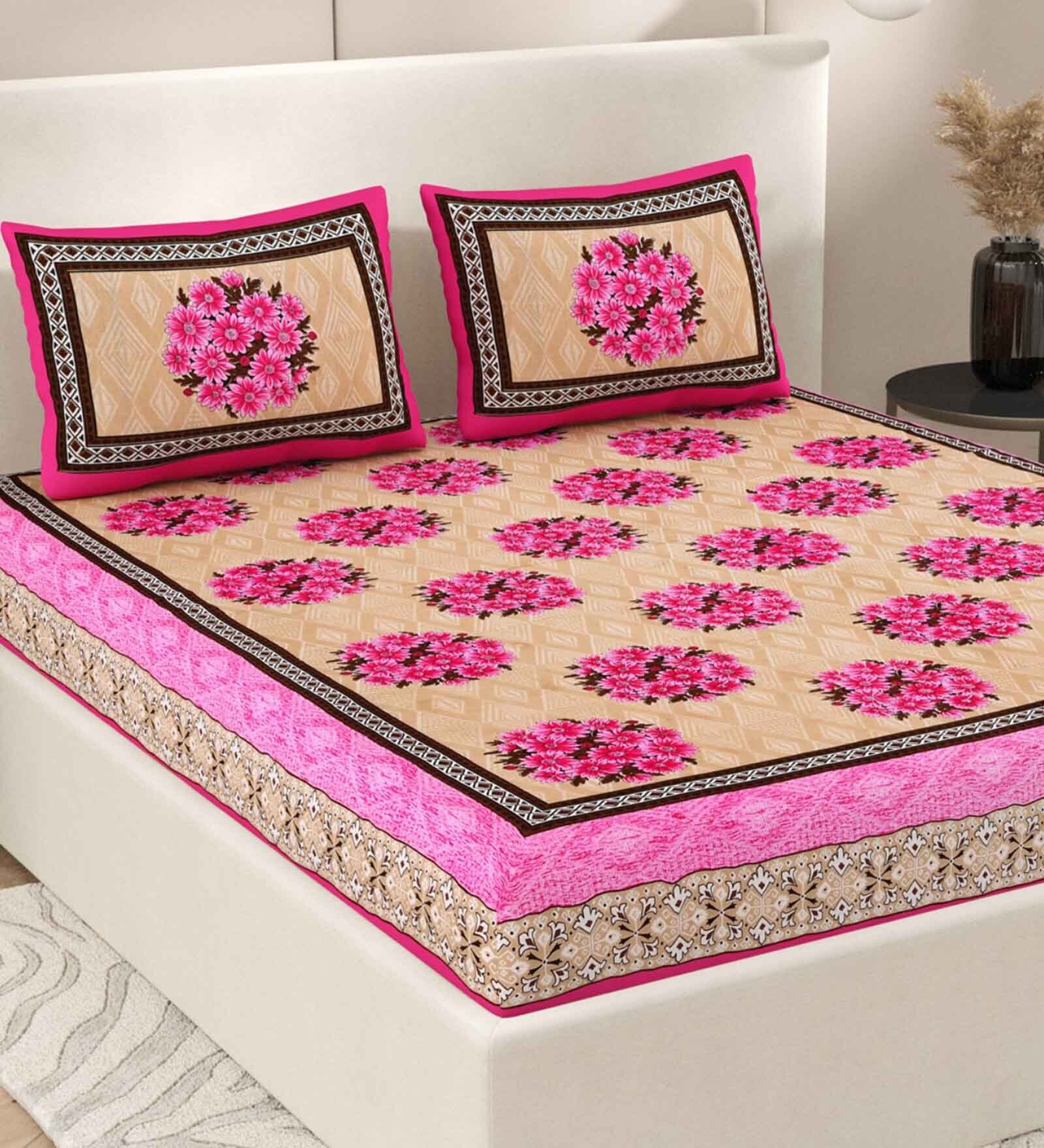 Pink Floral 200 TC Cotton Double Queen Sized Bedsheet With 2 Pillow Covers
