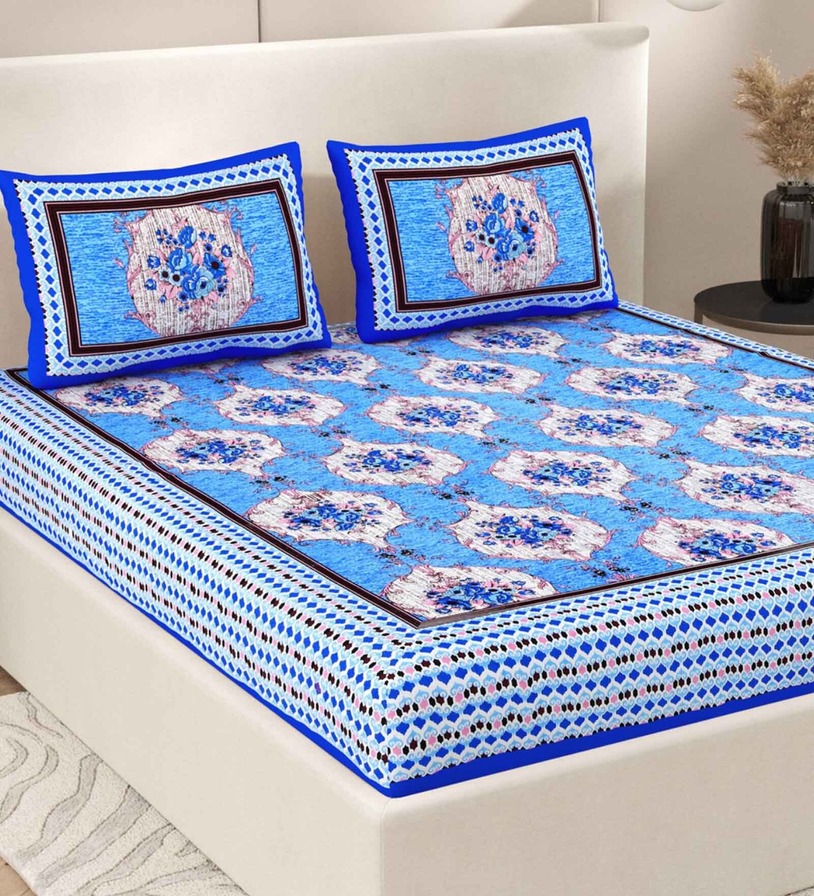 Blue Floral 200 TC Cotton Double Queen Sized Bedsheet With 2 Pillow Covers