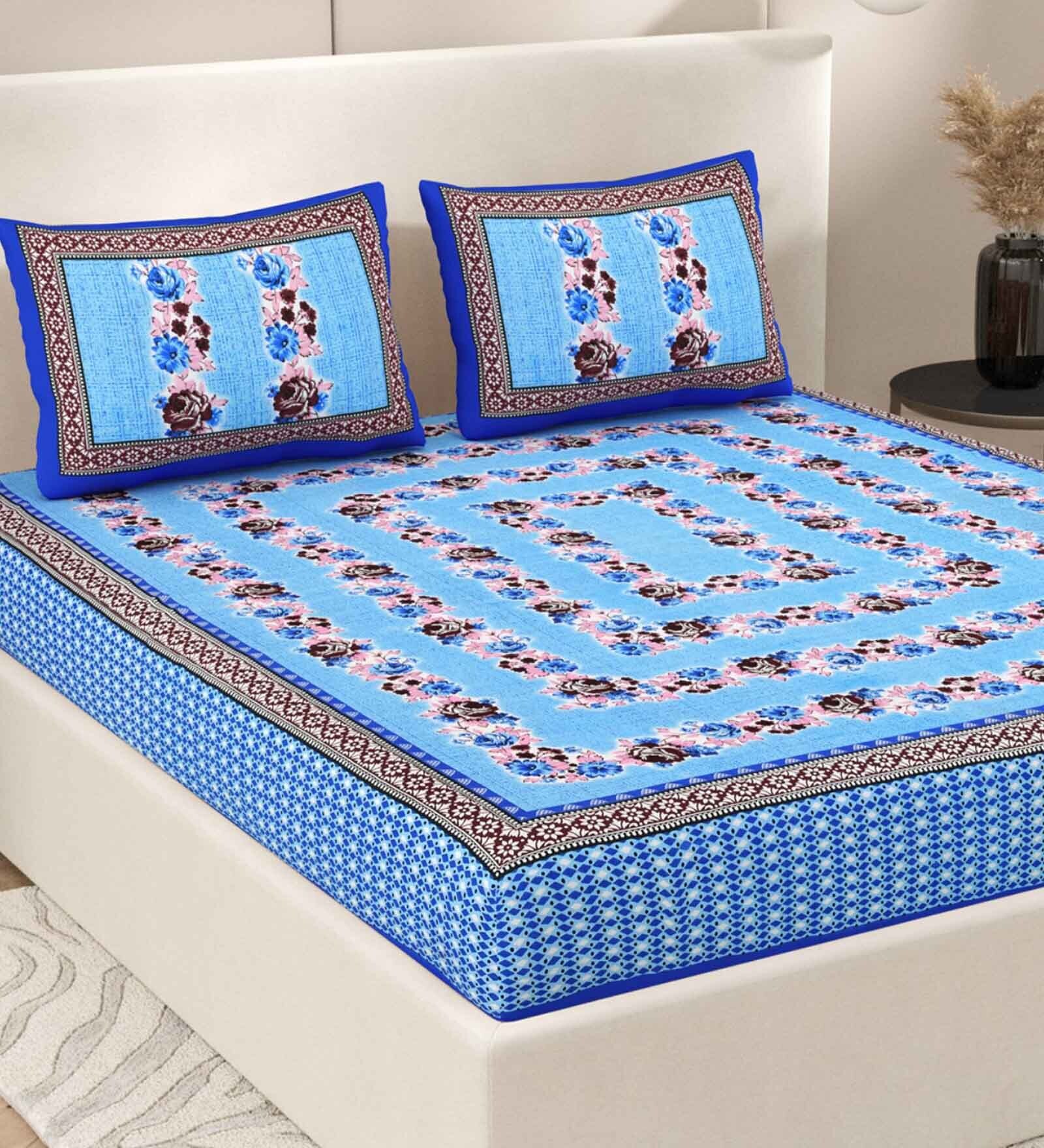 Blue Floral 200 TC Cotton Double Queen Sized Bedsheet With 2 Pillow Covers