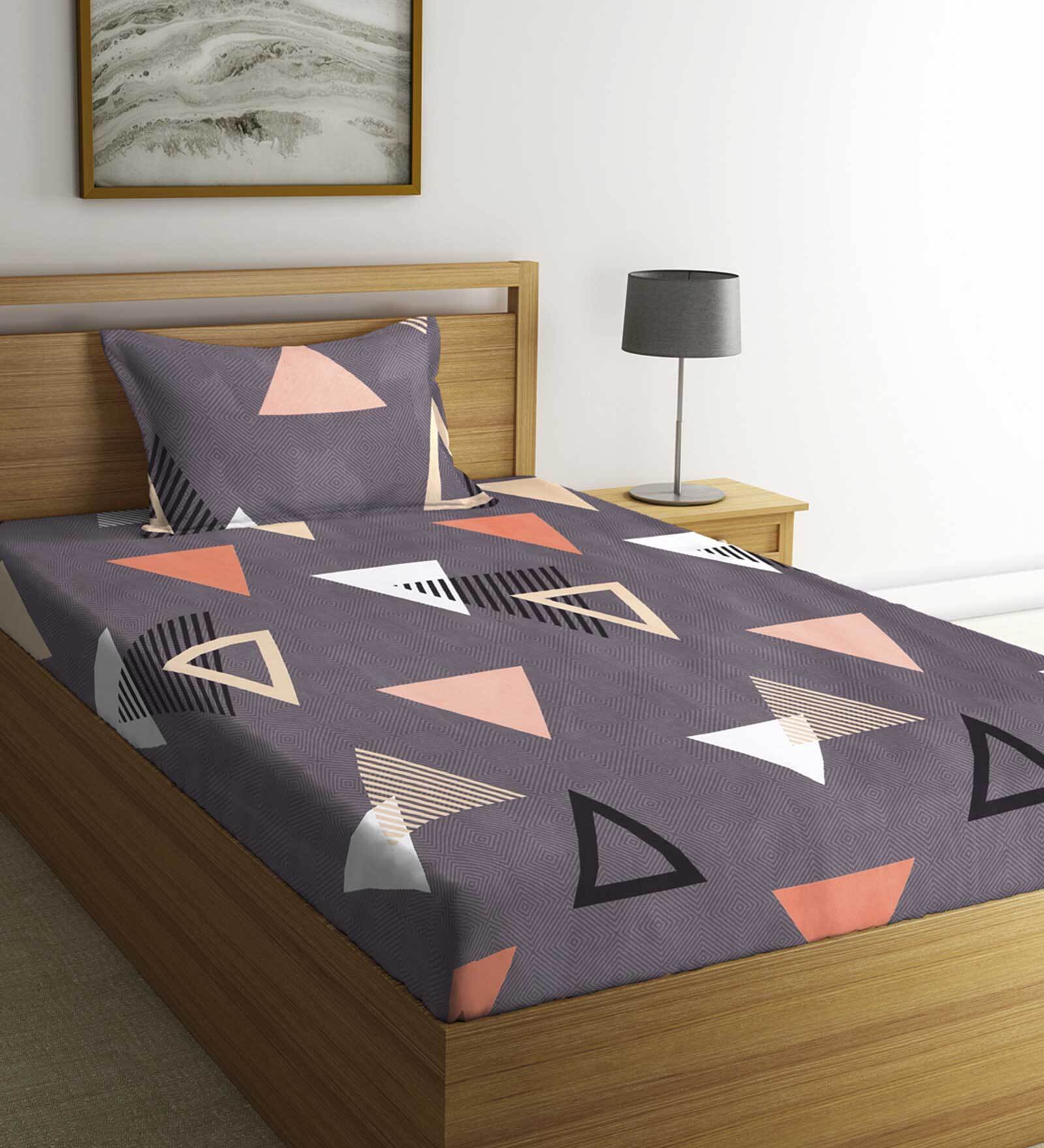 Grey Geometric 210 TC Cotton 1 Single Bedhseet with 1 Pillow Cover