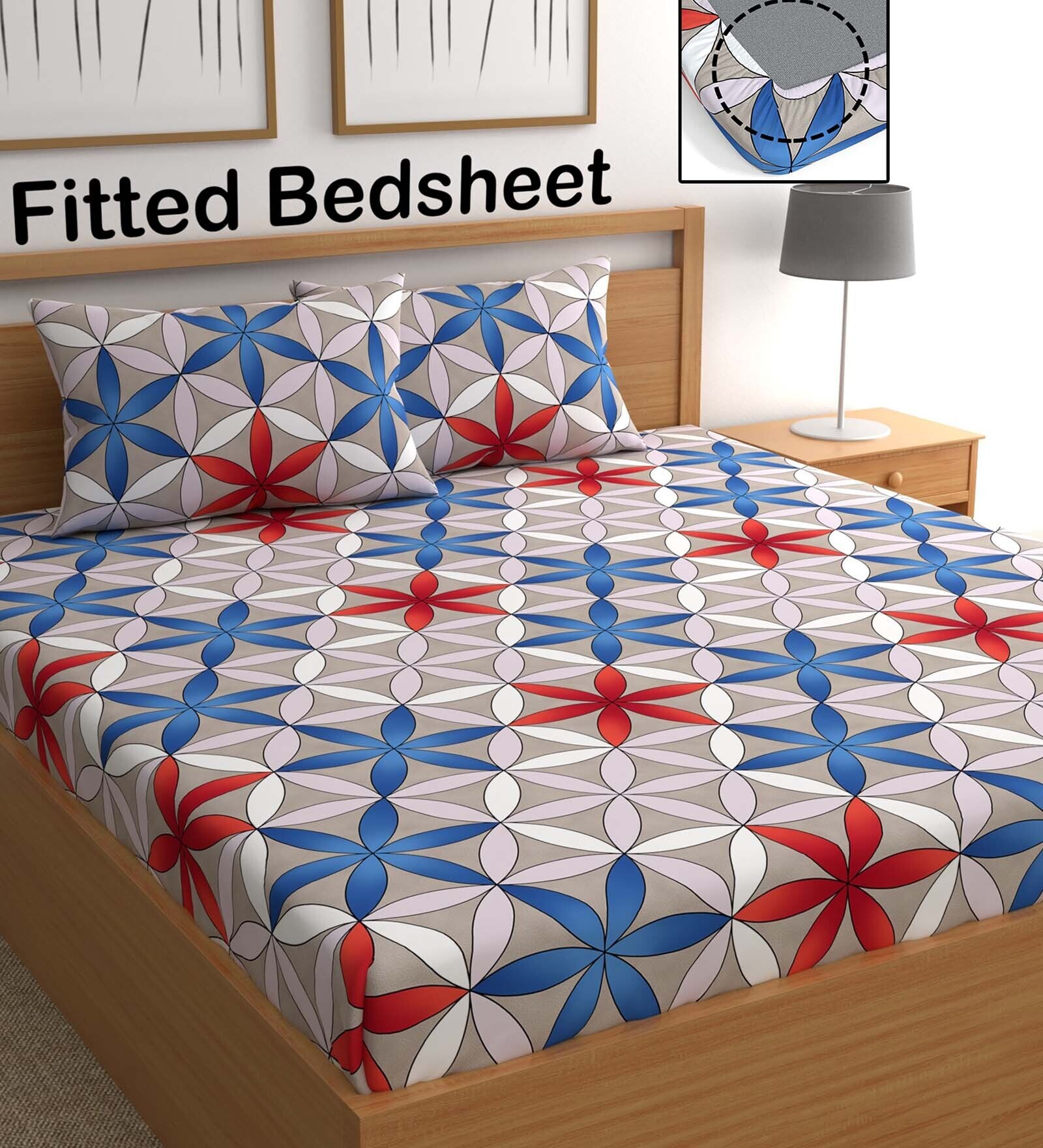 Grey Geometric 210 TC Microfiber Queen Sized Bedsheet With 2 Pillow Covers Supreme Collection