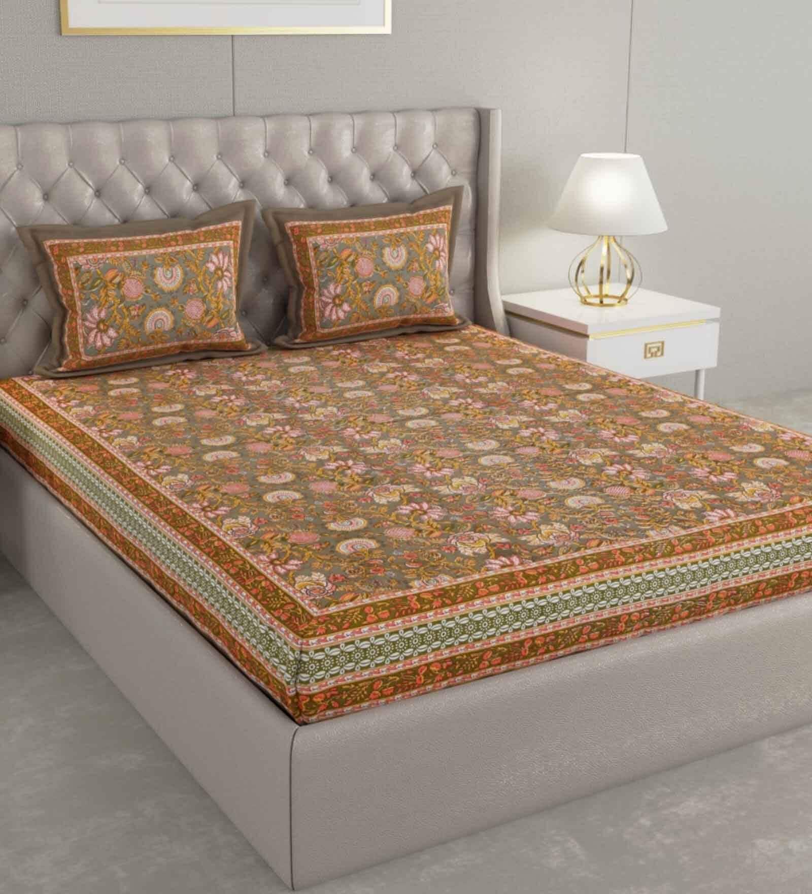 Brown Floral 300 TC Cotton Double King Sized Bedsheet With 2 Pillow Covers