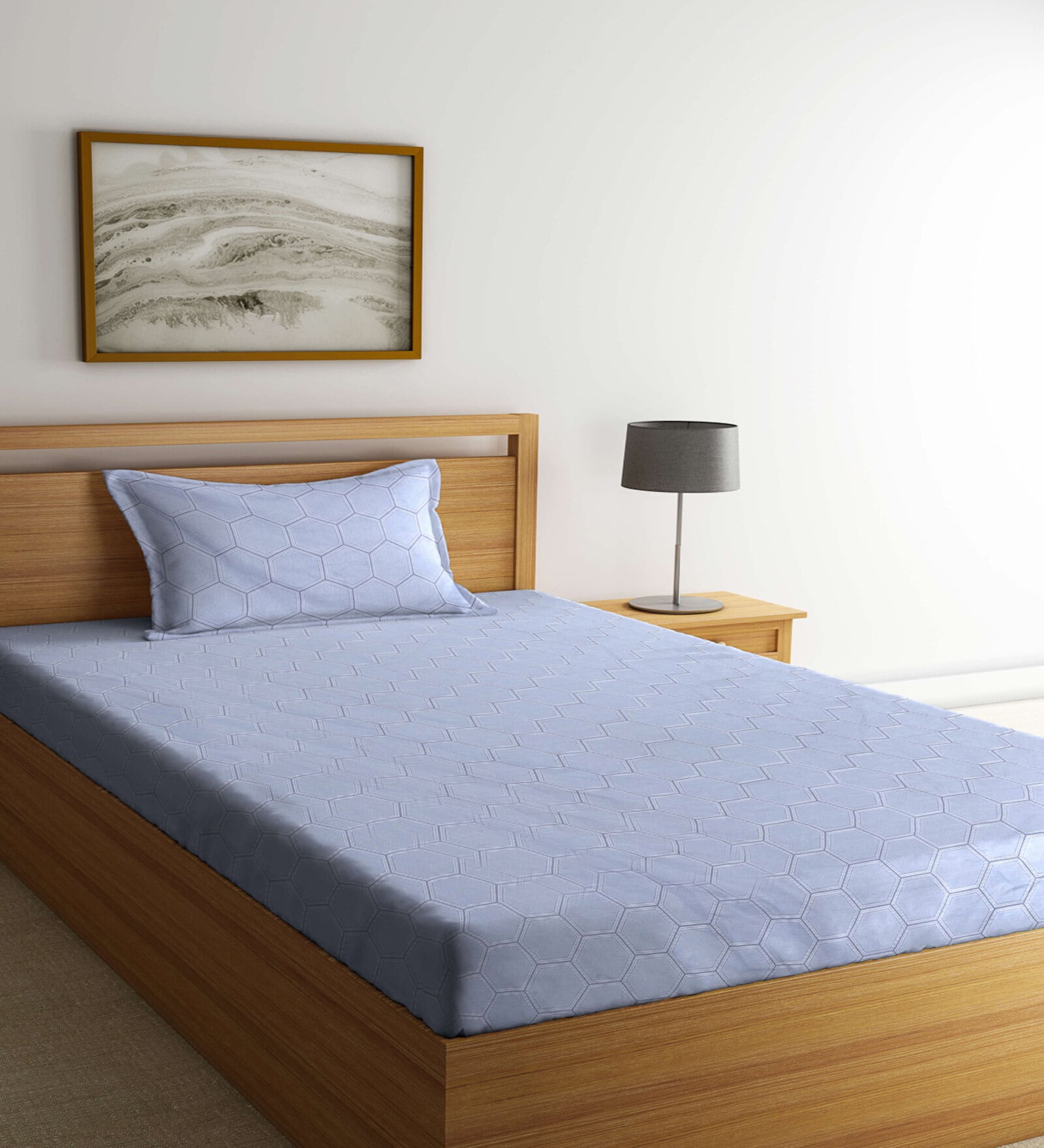 Grey Geometric 300 TC Cotton Blend Single Bedsheet with 1 Pillow Cover