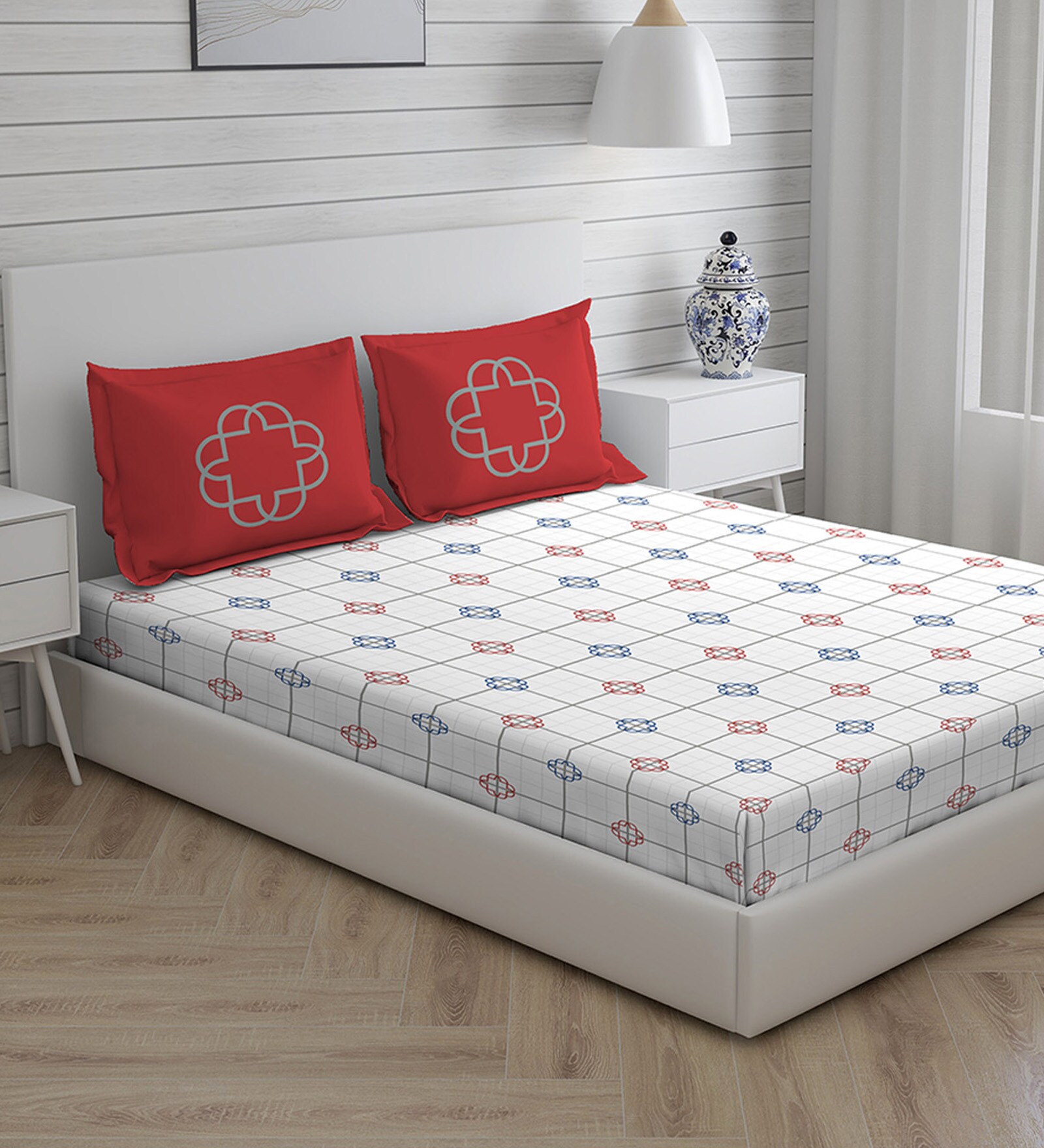 Buy Grey Geometric 300 TC Cotton King Sized Bed Sheets with 2 Pillow