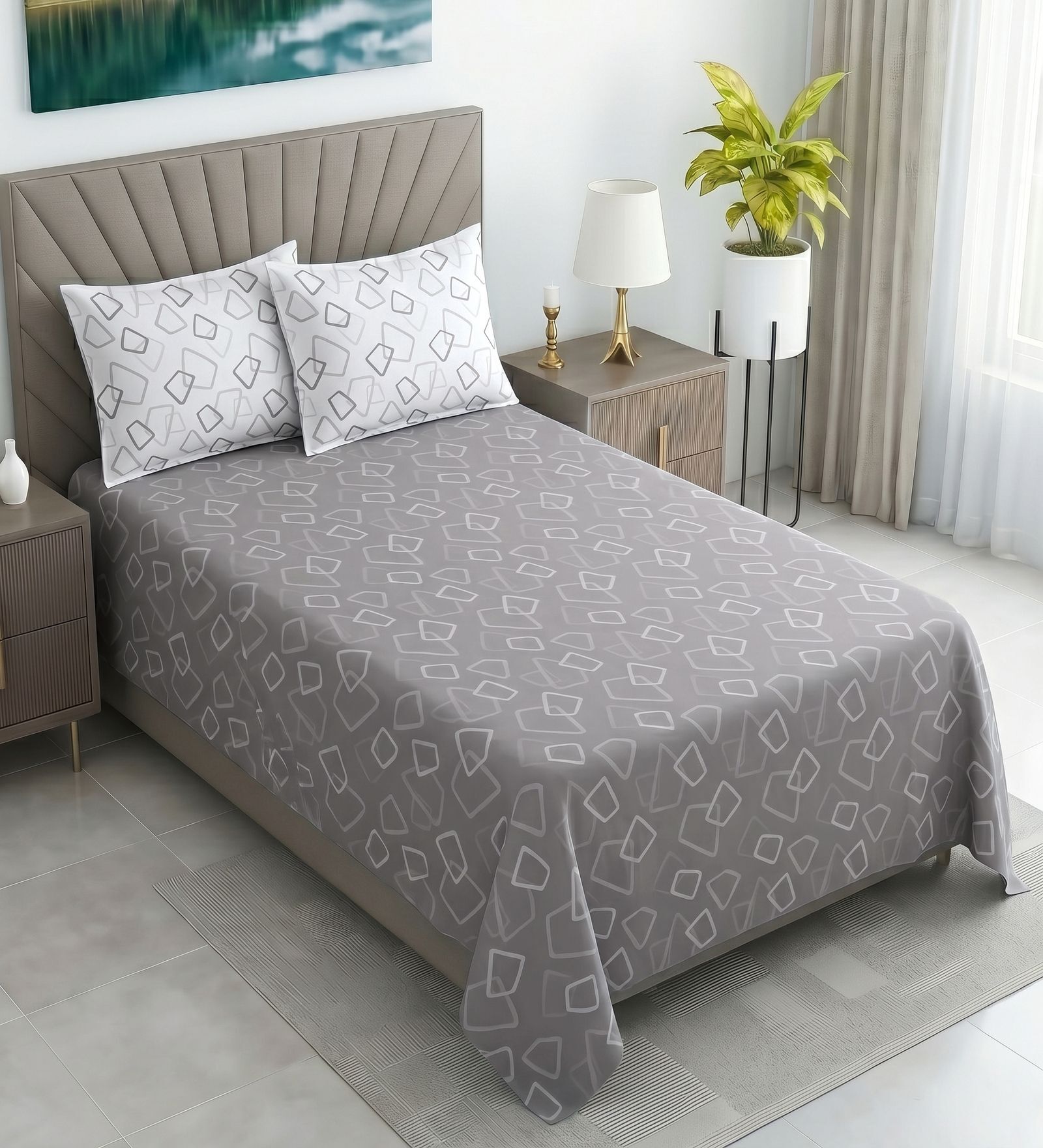 Grey Geometric 400 TC Cotton Single Bed Size Flat Bedsheet With 2 Pillow Covers