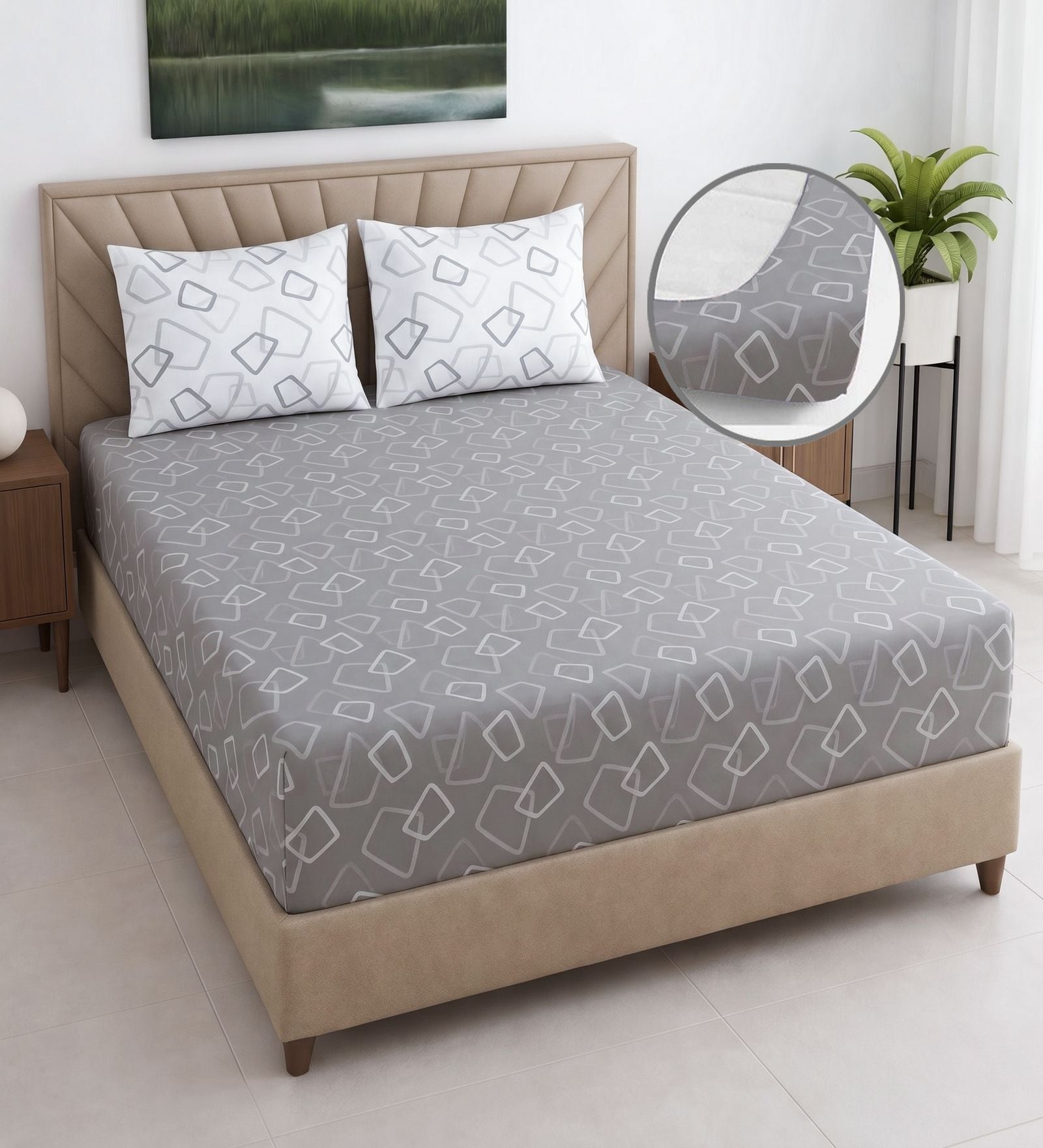 Grey Geometric 400 TC Cotton Superking Size Fitted Bedsheet With 2 Pillow Covers