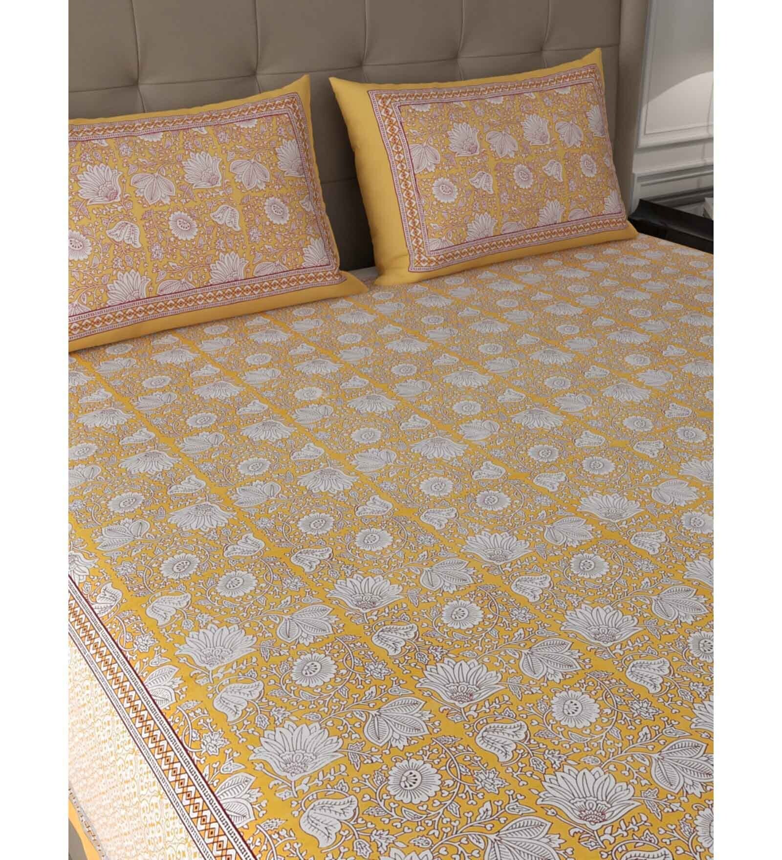 Yellow Floral 600 TC Cotton Double King Sized Bedsheet With 2 Pillow Covers