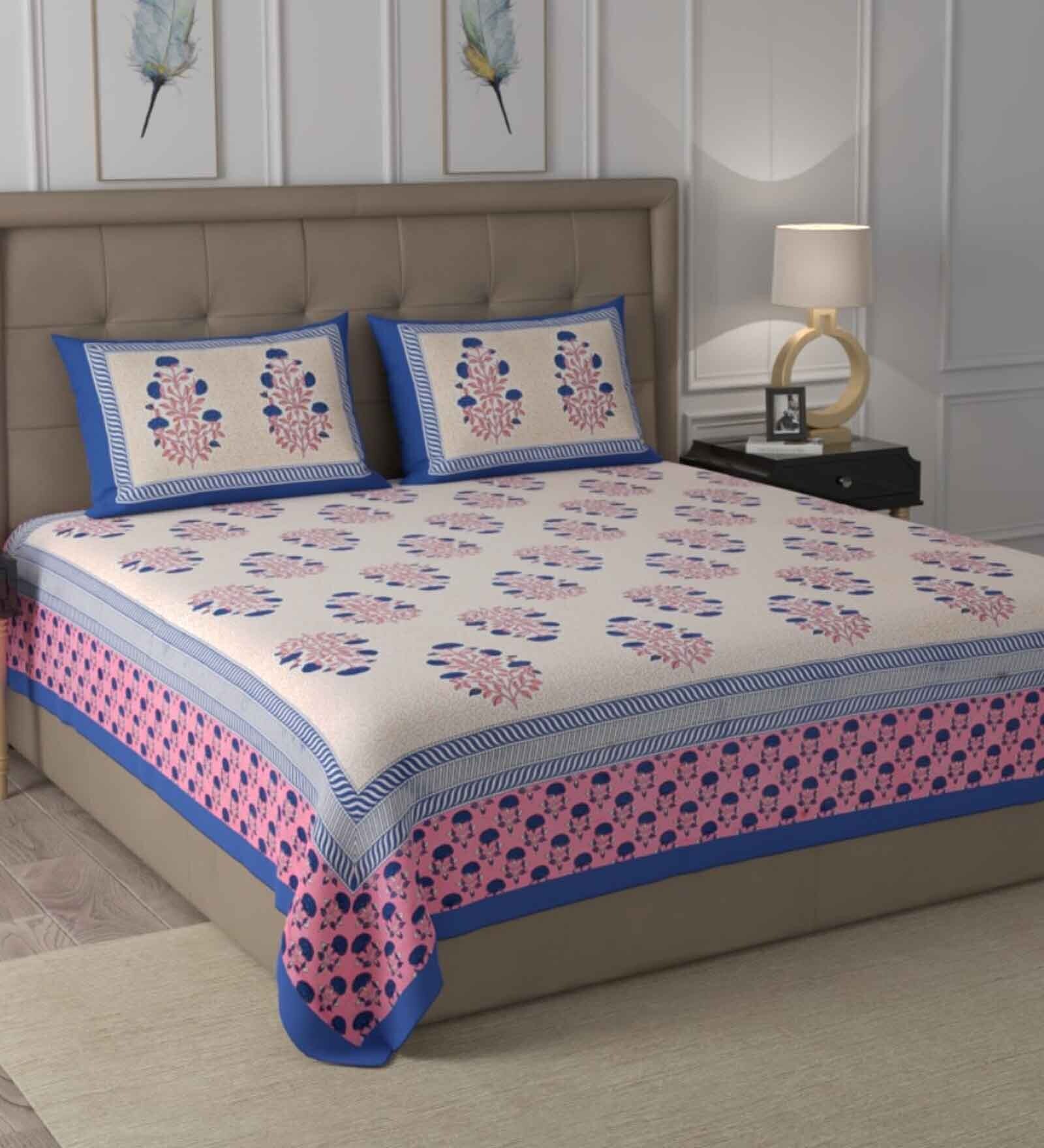 Multicolor Traditional 600 TC Cotton Double King Sized Bedsheet With 2 Pillow Covers