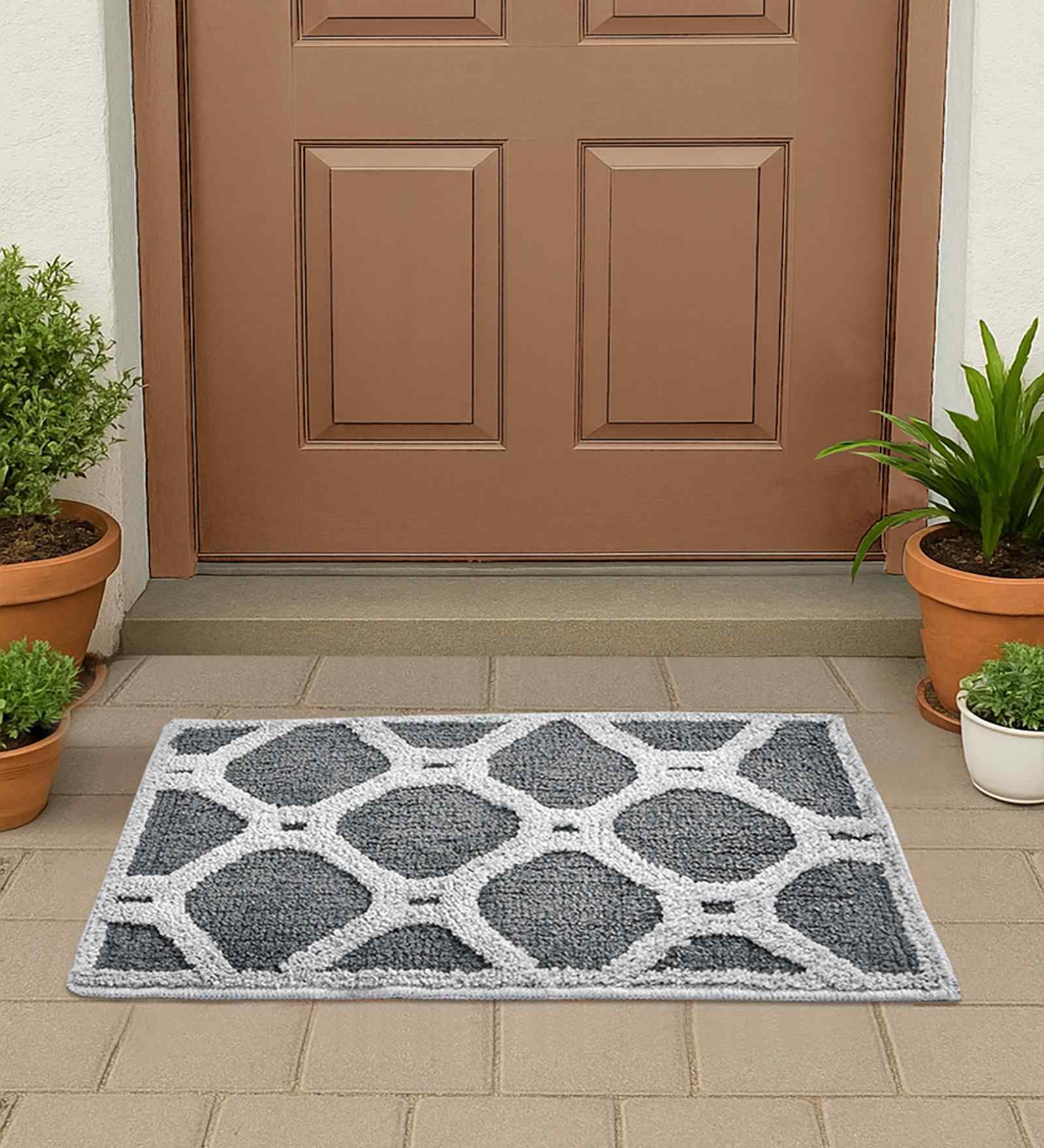 Grey Geometric Cotton Blend 24x16 Inches Anti Skid Door Mat