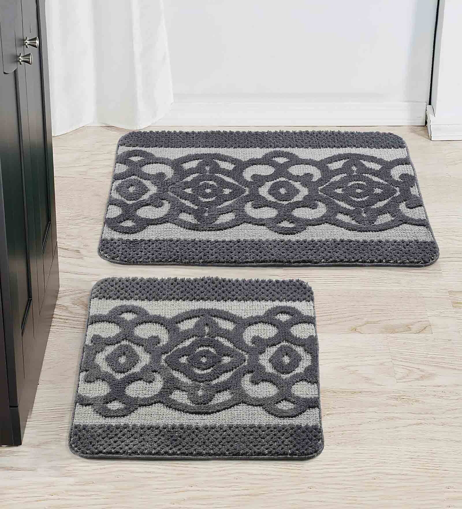 Grey Traditional Microfibre 19x27 Inches AntiSkid (Set of 2) Bath Mats
