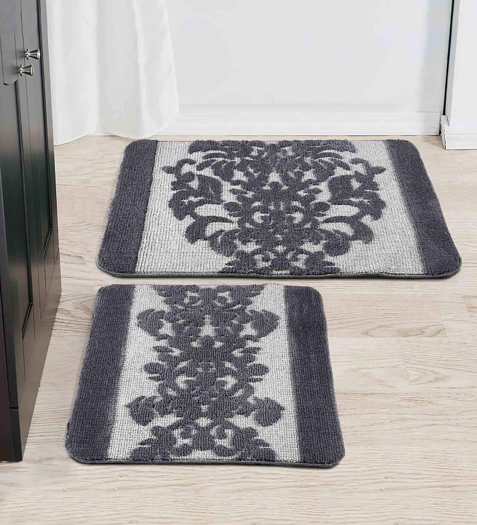 Grey Traditional Microfibre 19x27 Inches AntiSkid (Set of 2) Bath Mats