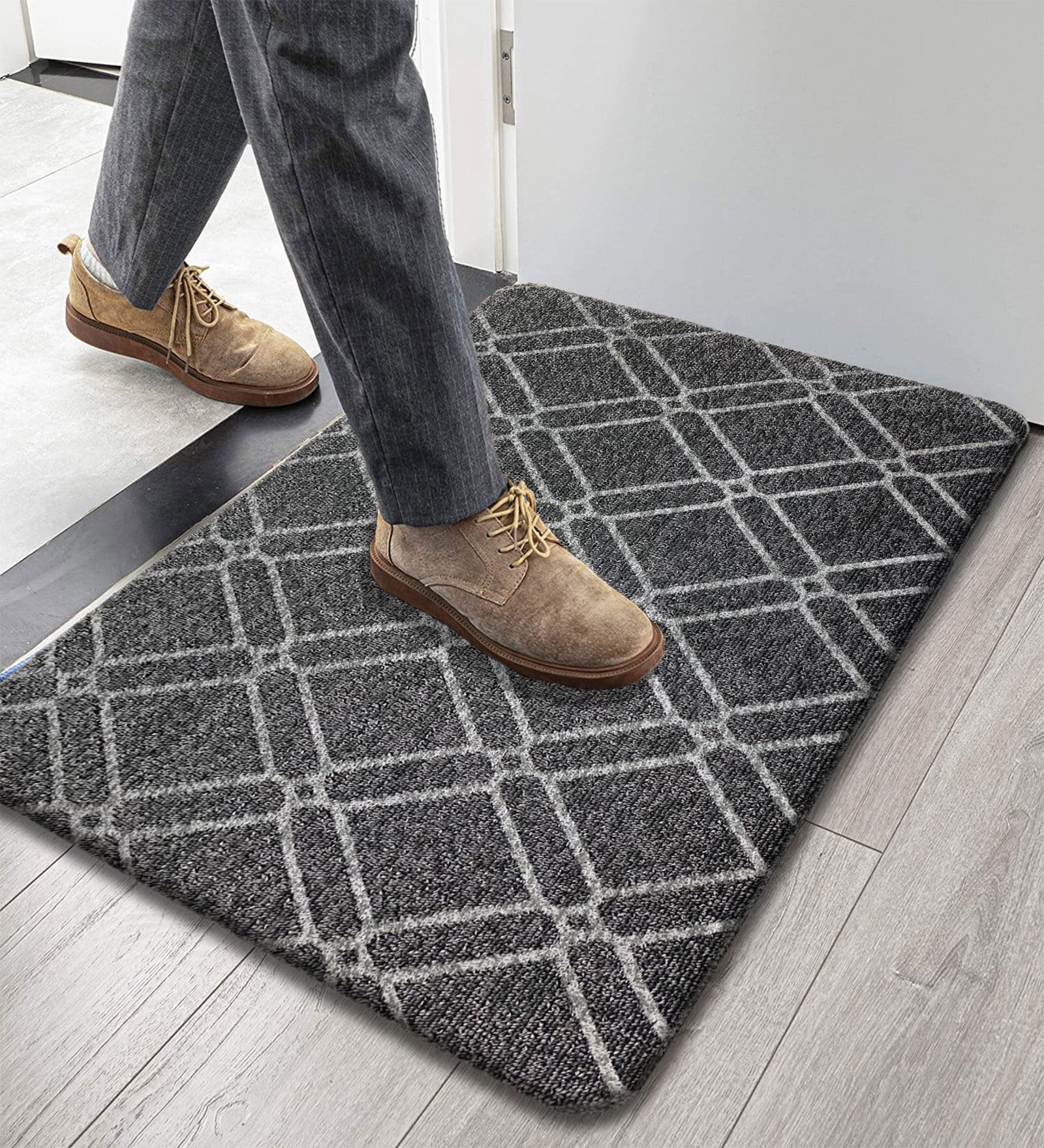 Grey Geometric Microfibre 30x18 Inches Anti Skid Door Mat