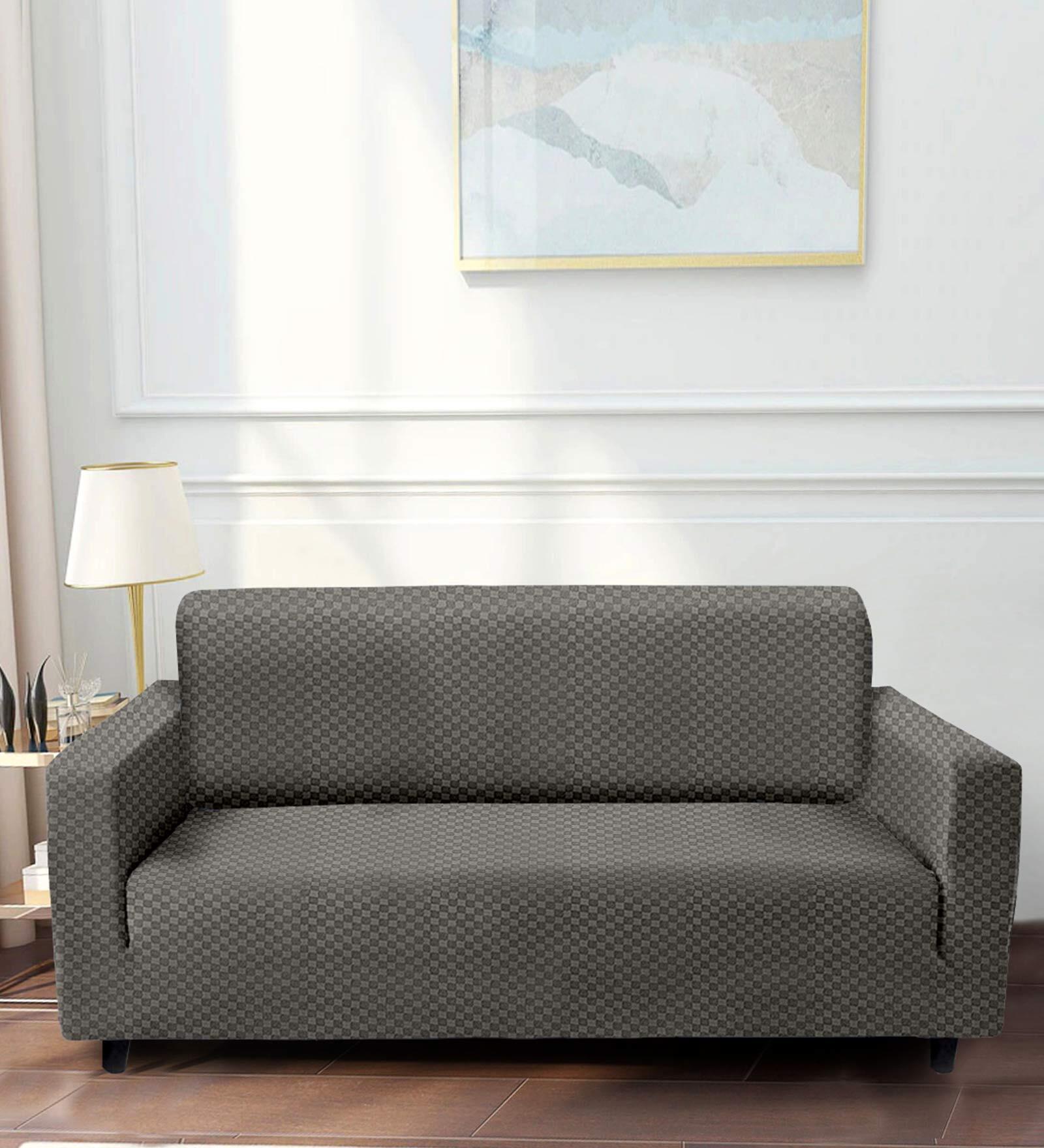 Buy Grey Geometric Polyester 73x57 Inches 2 Seater Sofa Cover by