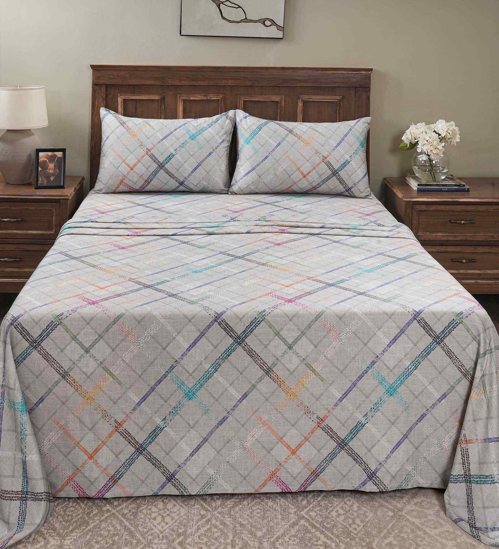 Grey Geometric Print 200 TC Cotton Double Bed Sheet with 2 Pillow Covers Eclectic Geo Collection