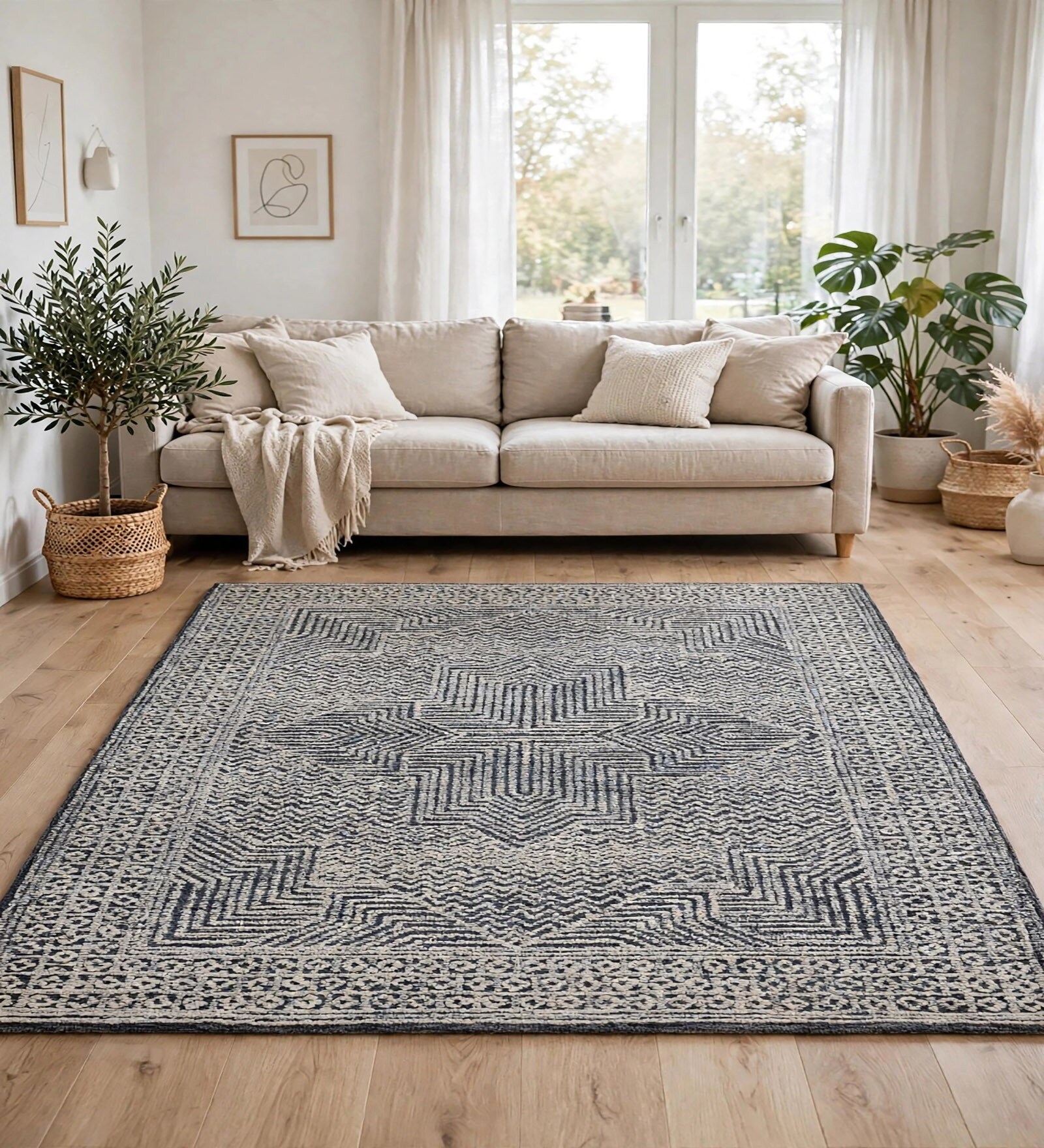 Grey Geometric Wool And Cotton 8 X 5 Feet Hand Tufted Carpet