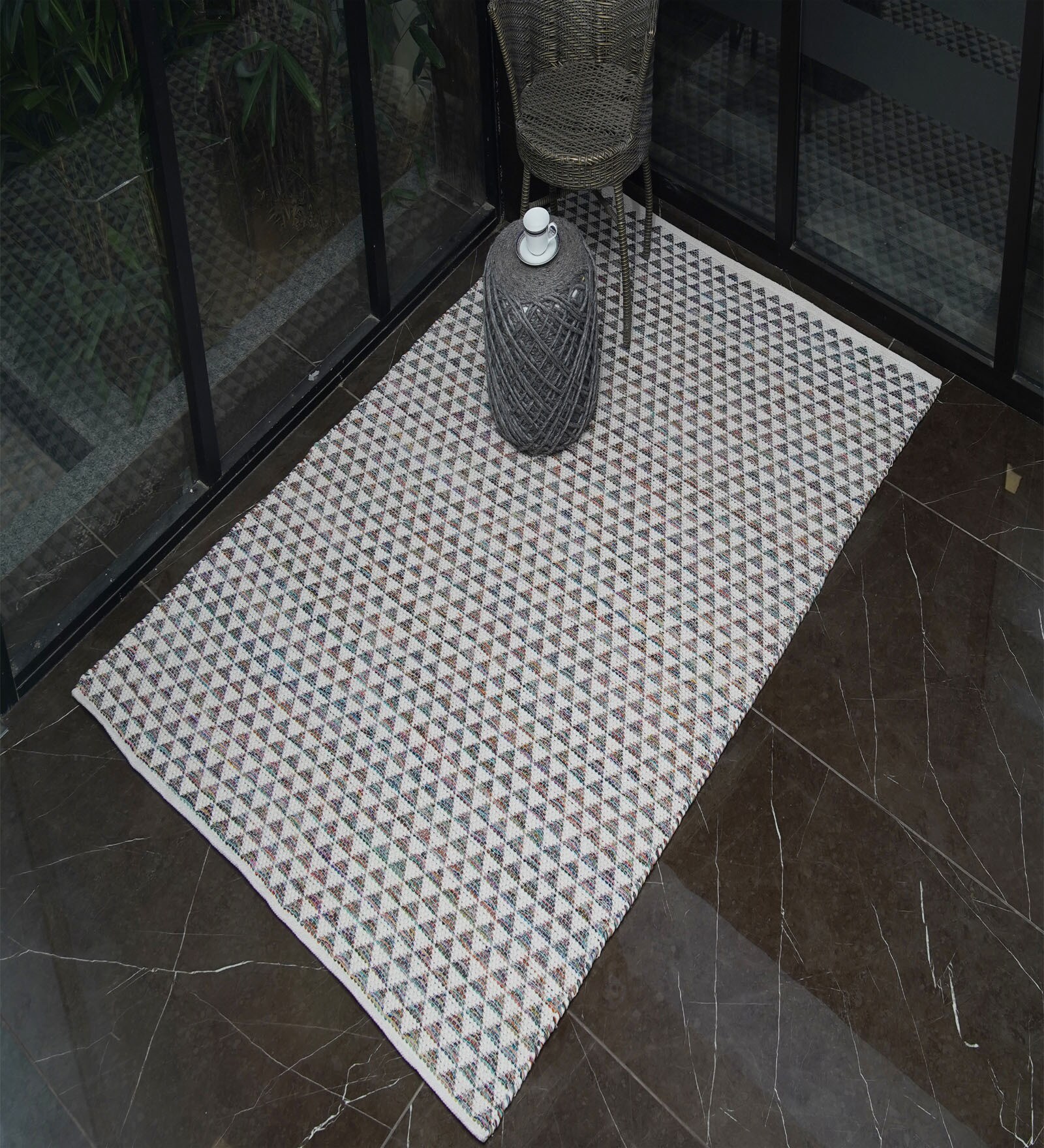 Grey Geometrical Cotton 7X6 Feet Hand Woven Carpet