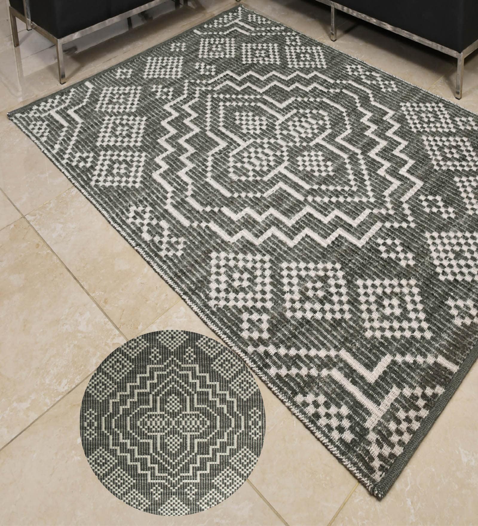 Grey Geometrical Pet 7X5 Feet Hand Woven Carpet