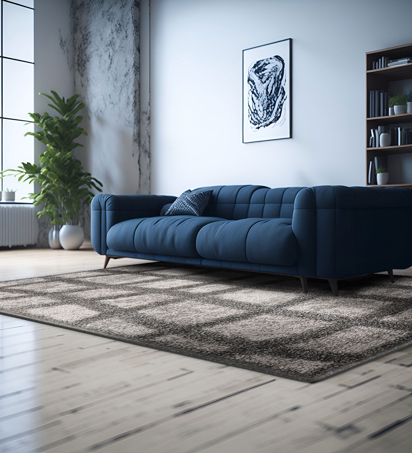 Grey Geometrical Polyester 3 ft X 5 ft Machine Made Carpet