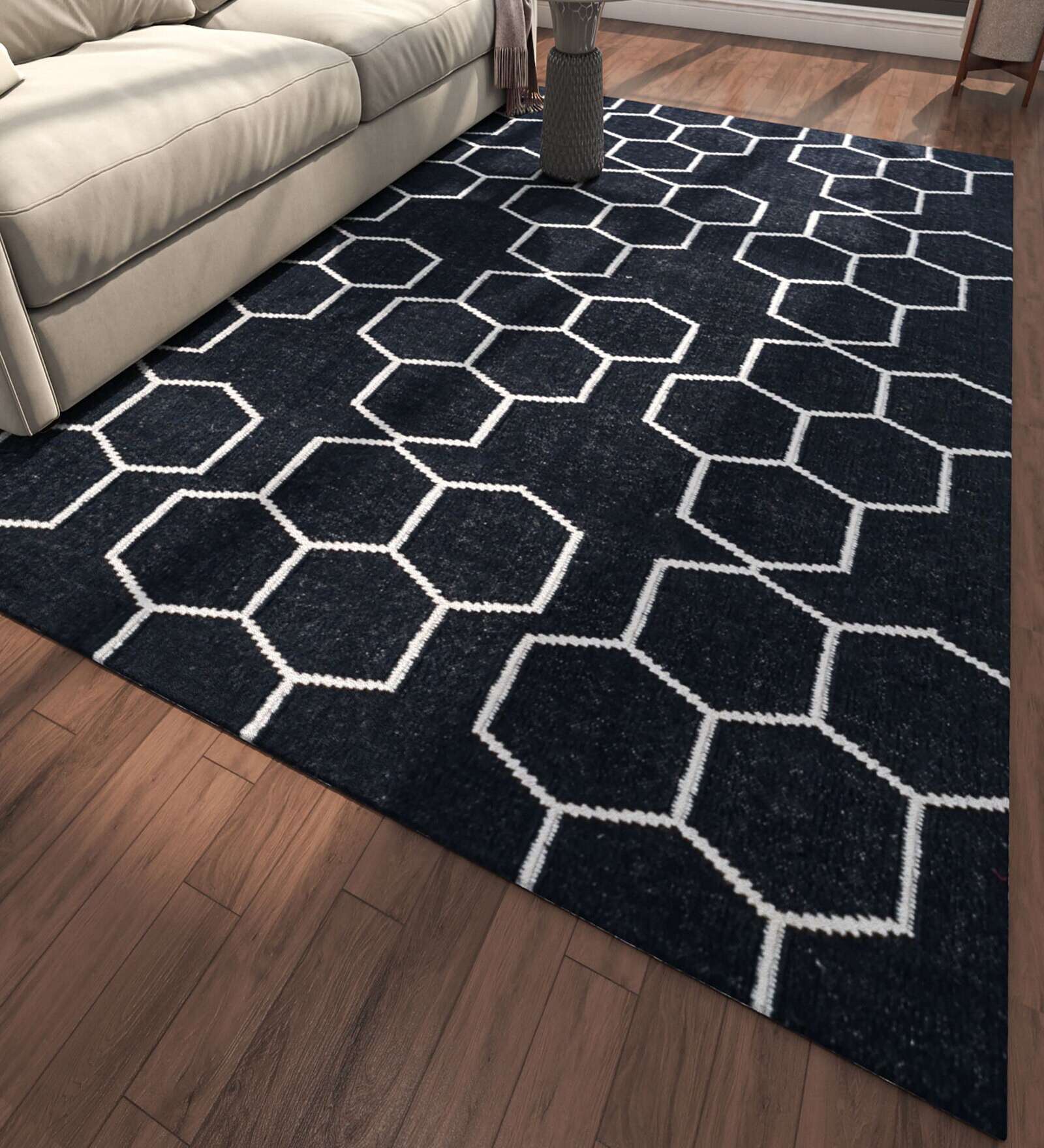Grey Geometrical Polyester 5 ft X 8 ft Flat Weaves