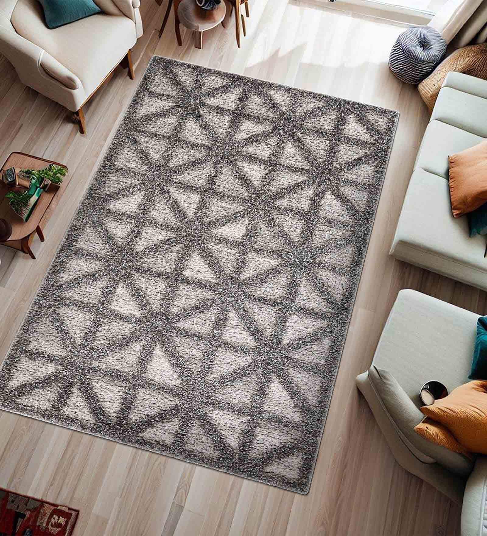 Grey Geometrical Polyester 6 ft x 9 ft Machine Made Carpet