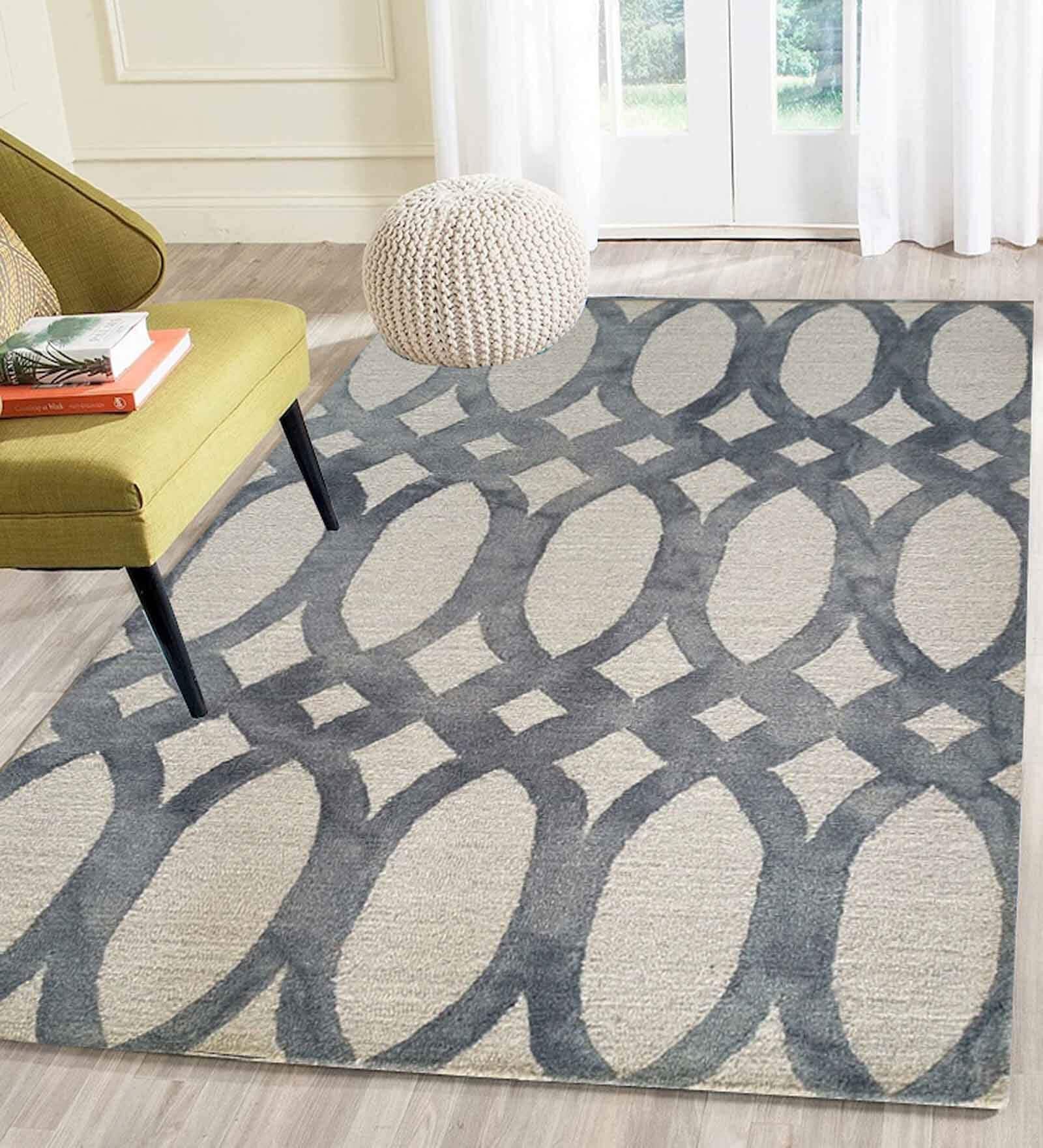 Grey Geometrical Wool 5 ft x 7 ft Hand Tufted Carpet